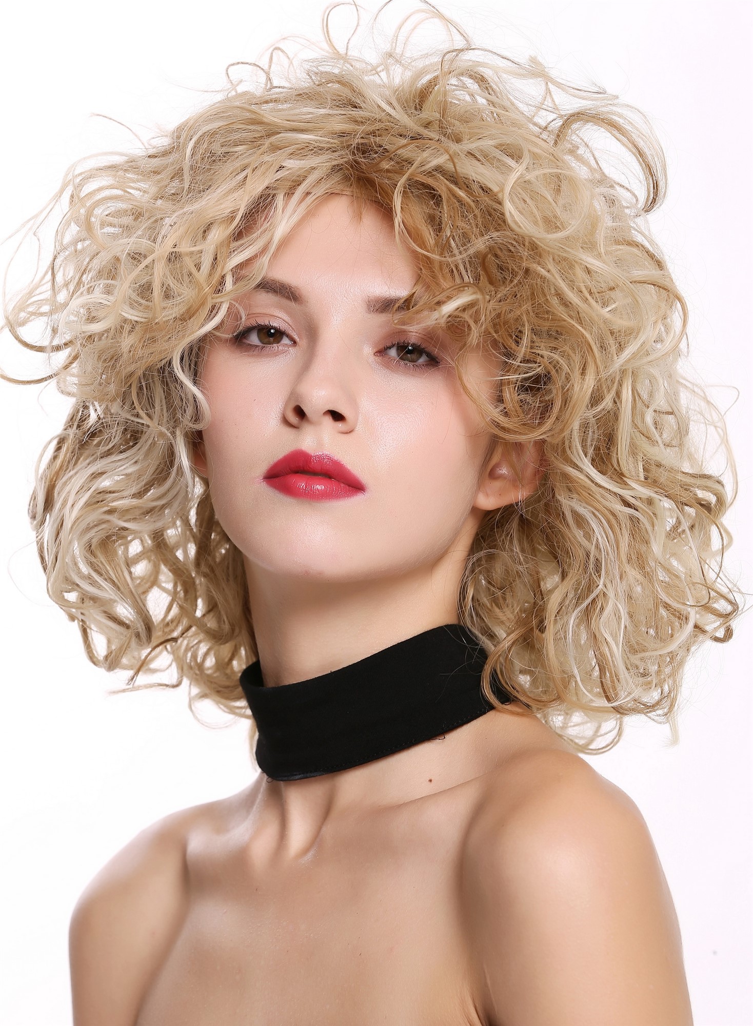 hochwertige Qualitätsperücken, Perücke Wild Lockig Voluminös Blond Mix Kurz DW-2698-B27BH25DBH613, Vorderansicht, WIG ME UP: Ihr Perücken Online Shop lockige Tressen-Perücke Erdbeerblond-Goldblond-Platinblond schulterlange Haare für Damen