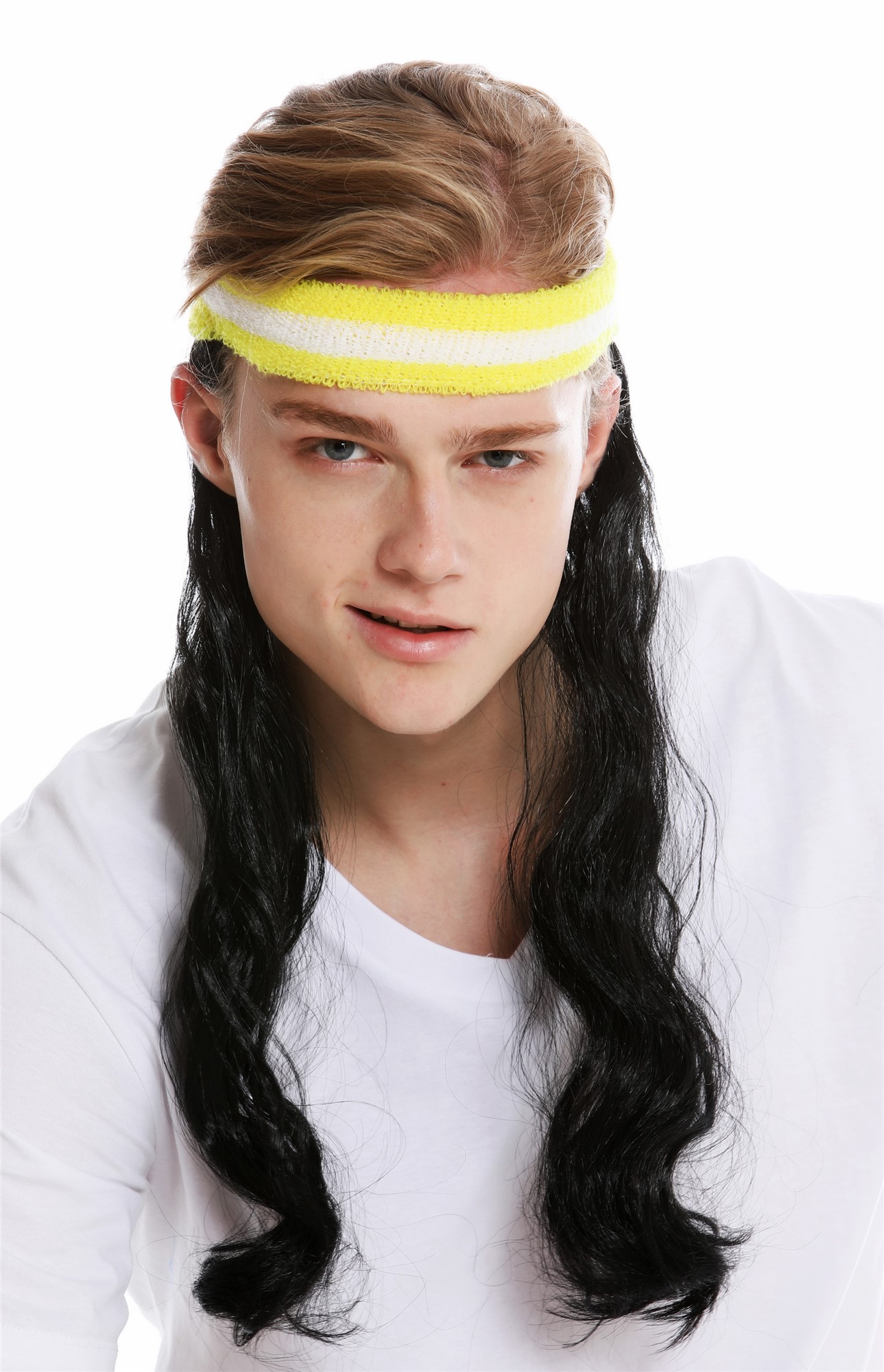 günstige Party Perücke, Perücke Stirnband lange Haare Vokuhila Proll 80er Schwarz CXH-014-P103, Vorderansicht, WIG ME UP: Ihr Perücken Online Shop wellige Party Perücke Pechschwarz schulterlange Haare Unisex