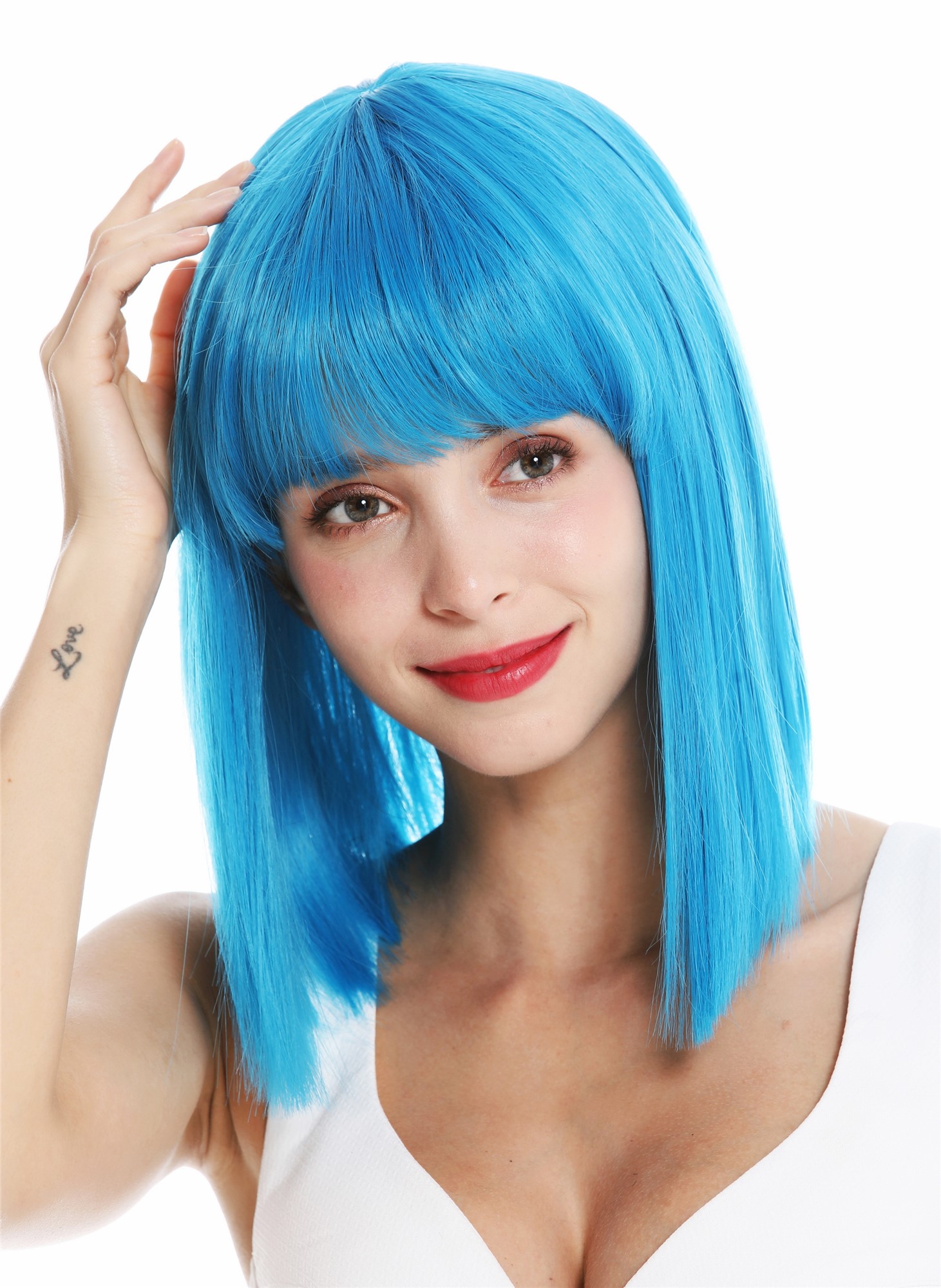 Women's wig short shoulder length sleek Cleopatra fringe light blue VK-10, view 2, WIG ME UP: Your Perücken Online Shop Quality Wigs, Ladies, neon blue, straight, shoulder-length