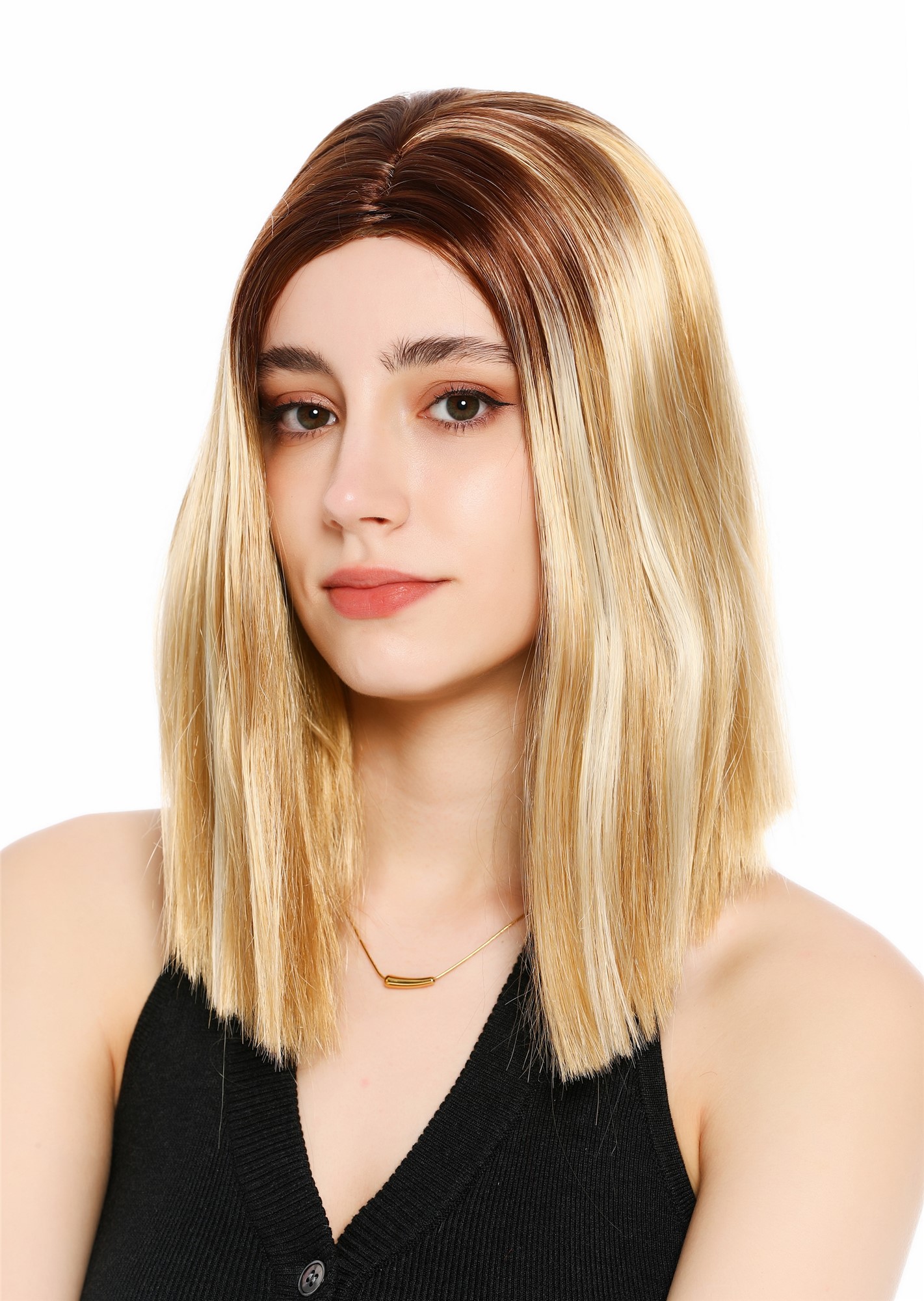 Perücke Damen schulterlang Longbob glatt Mittelscheitelt Ombre Balayage Highlights Braun Blond GFW4029S-124H613+33