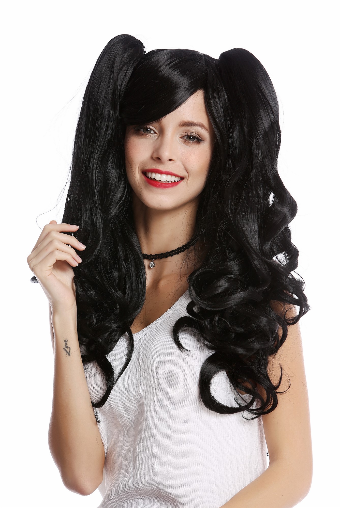 hochwertige Qualitätsperücken, Perücke Cosplay 2 Zöpfe Schwarz YZF-4379-1, Ansicht 2, WIG ME UP: Ihr Perücken Online Shop wellige Tressen-Perücke Schwarz lange Haare für Damen