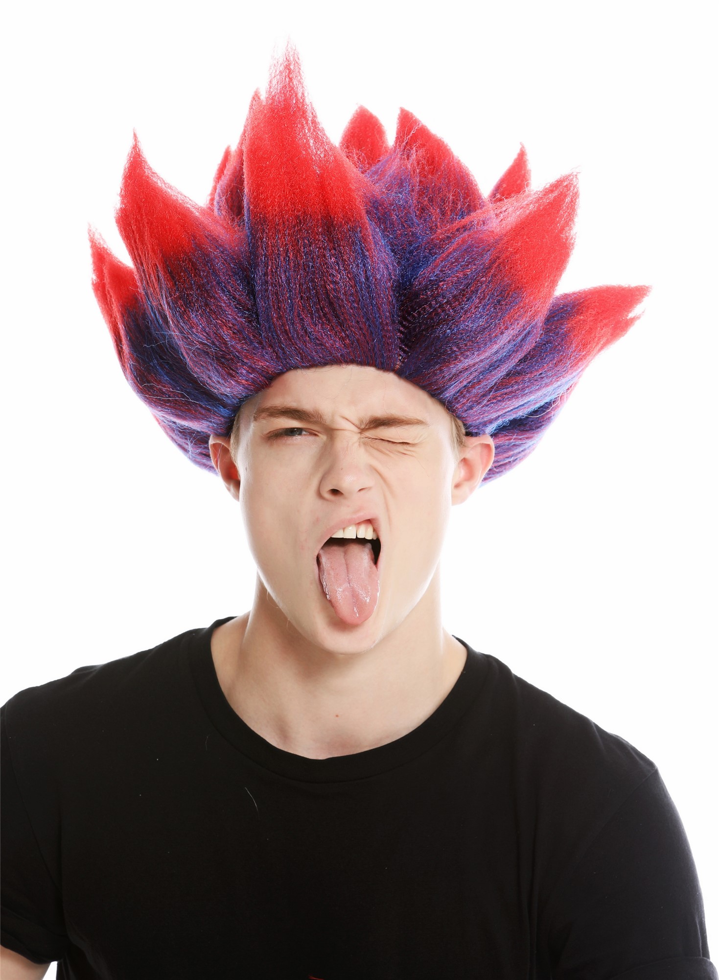 Party wig men women carnival backcombed demon devil troll flower blue red LM-19, view 2, WIG ME UP: Your Perücken Online Shop Party Wig, Unisex, Red-blue with red tips, wavy, short