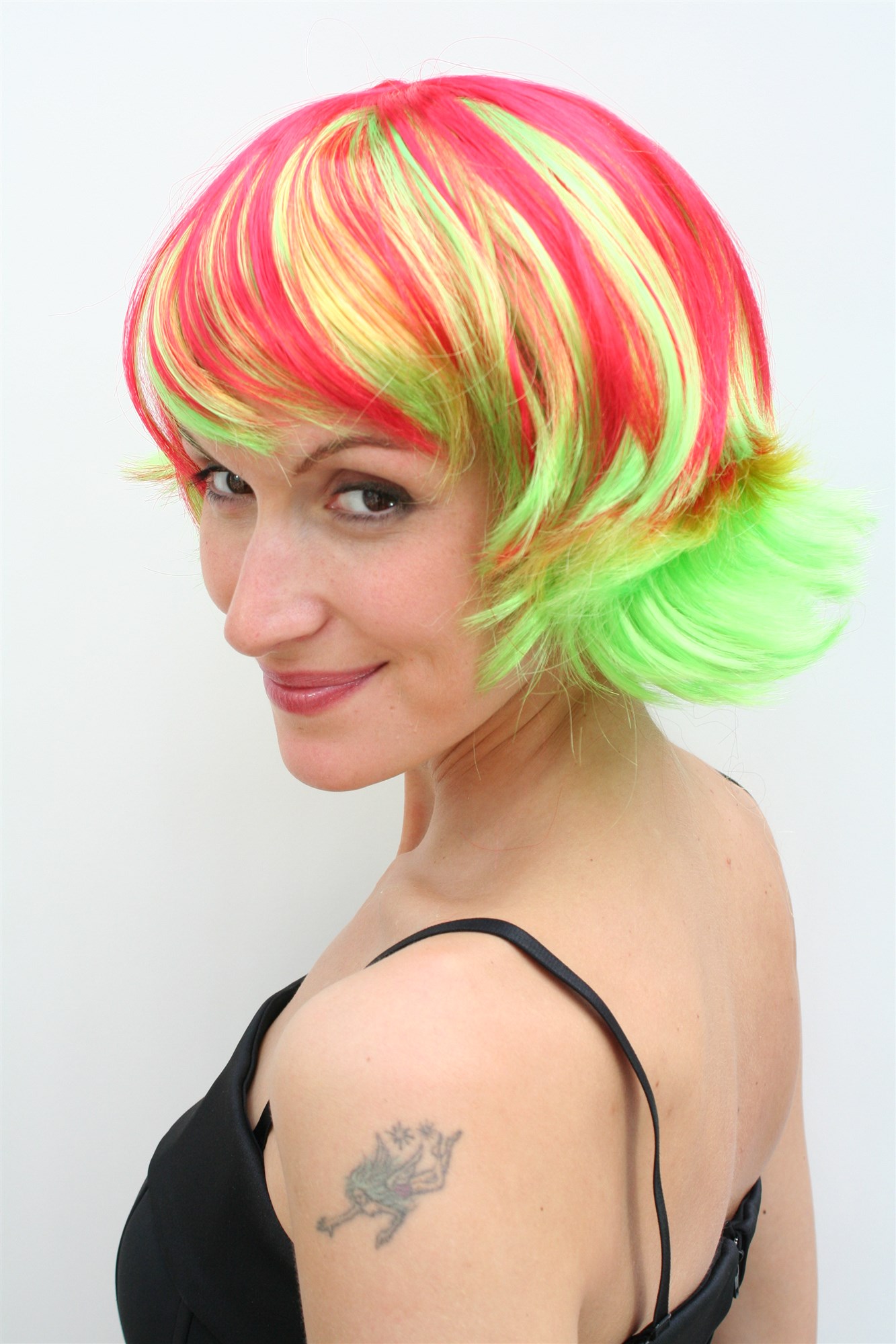 günstige Party Perücke, KNALLIG! Party Perücke Rot Gelb LM-203, Ansicht 2, WIG ME UP: Ihr Perücken Online Shop wellige Party Perücke rot gelb kurze Haare für Damen