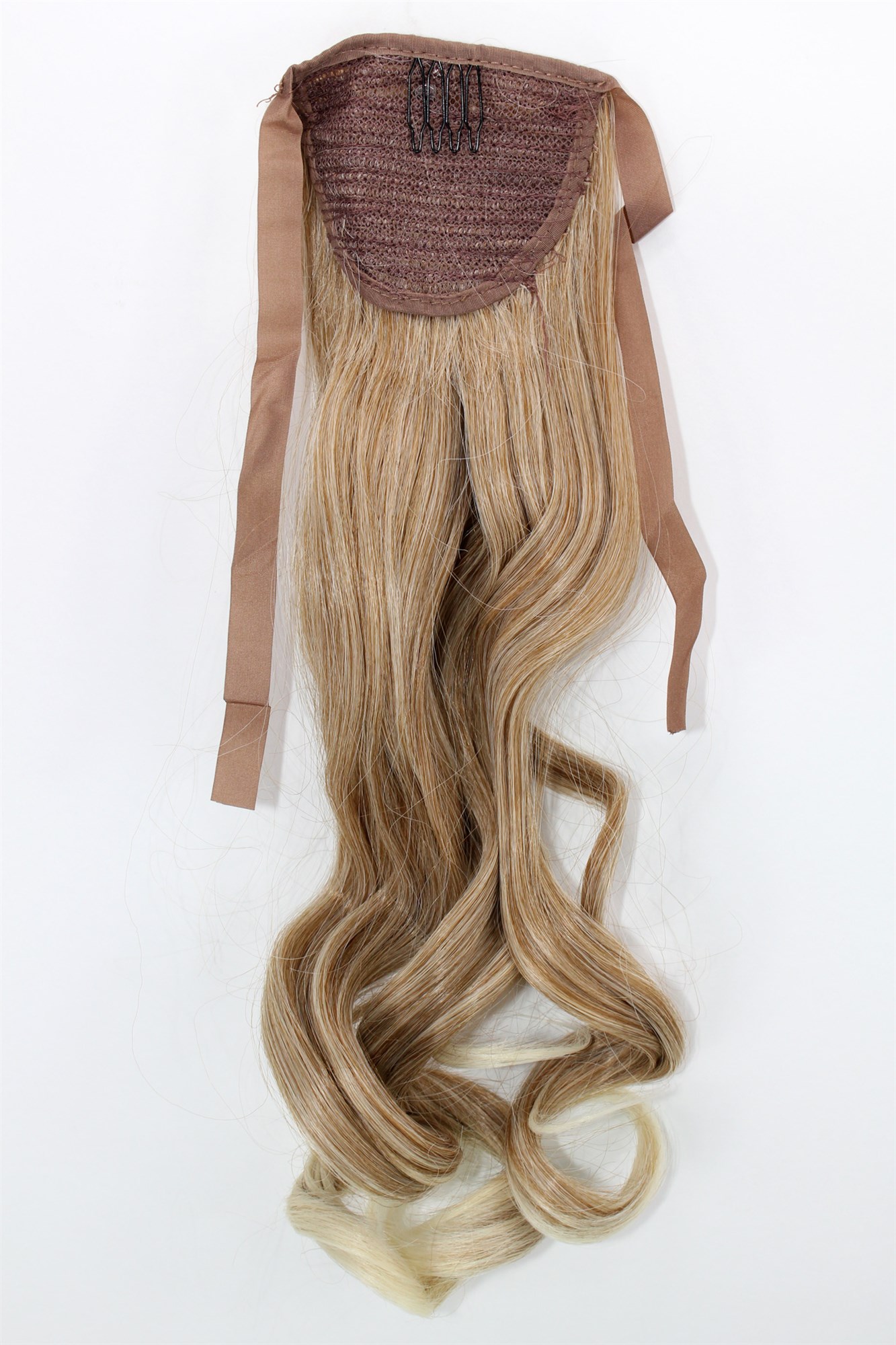 YZF-TC18-27T613 Hairpiece Pontail Pigtail extension slim light wavy comb and ribbon strawberry blond mix streaked platinum highlights 18", view 2, WIG ME UP: Your Perücken Online Shop Ponytails, copper-light-blonde mix, wavy, shoulder-length