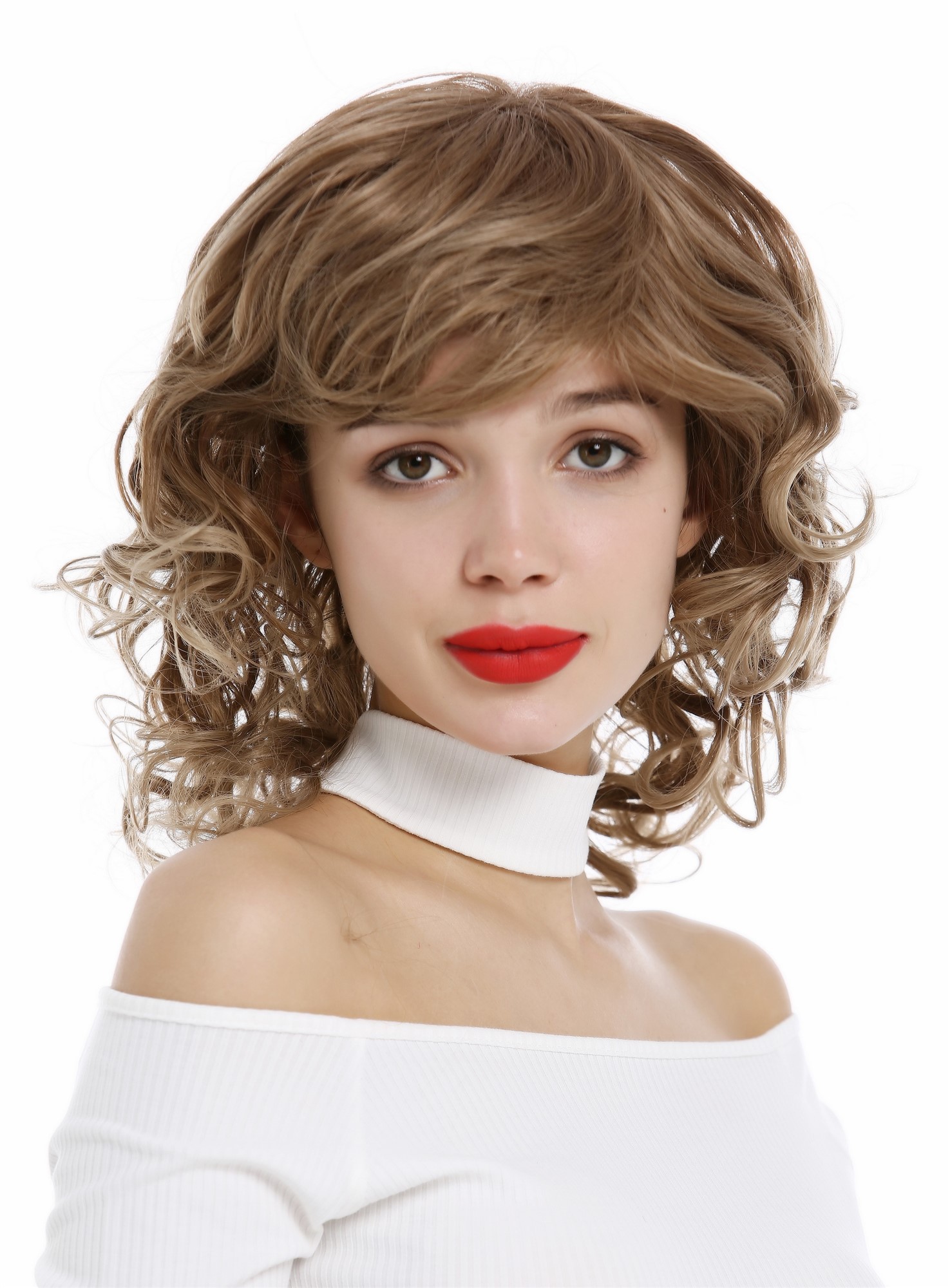 hochwertige Qualitätsperücken, Perücke schulterlang Locken lockig Braun Blond gesträhnt ETW-7155AHT-12T16, Vorderansicht, WIG ME UP: Ihr Perücken Online Shop lockige Tressen-Perücke Hellbraun schulterlange Haare für Damen
