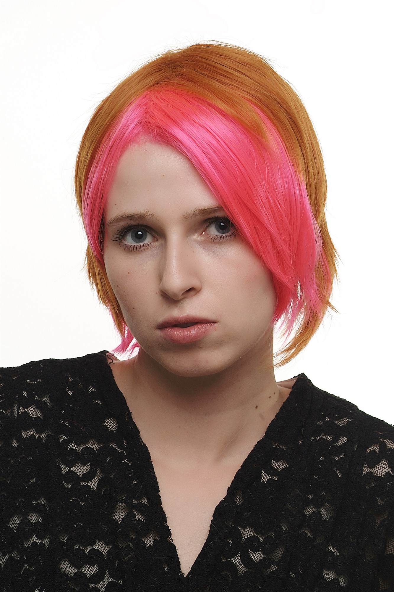 hochwertige Qualitätsperücken, Perücke asymmetrischer gemischtes Rot SA045 Punk Cosplay, Ansicht 7, WIG ME UP: Ihr Perücken Online Shop glatte Tressen-Perücke Rosa-Rot/Orange-Mix kurze Haare für Damen