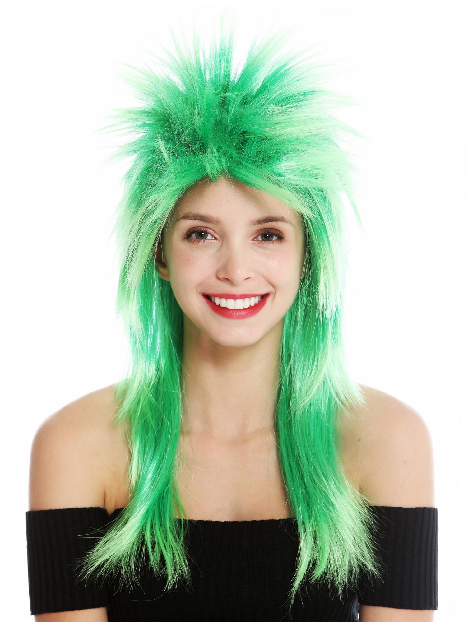 Party wig carnival punk mullet rocker wild 80's wave long green mix DH1069, view 2, WIG ME UP: Your Perücken Online Shop Party Wig, Unisex, green mix, straight, long
