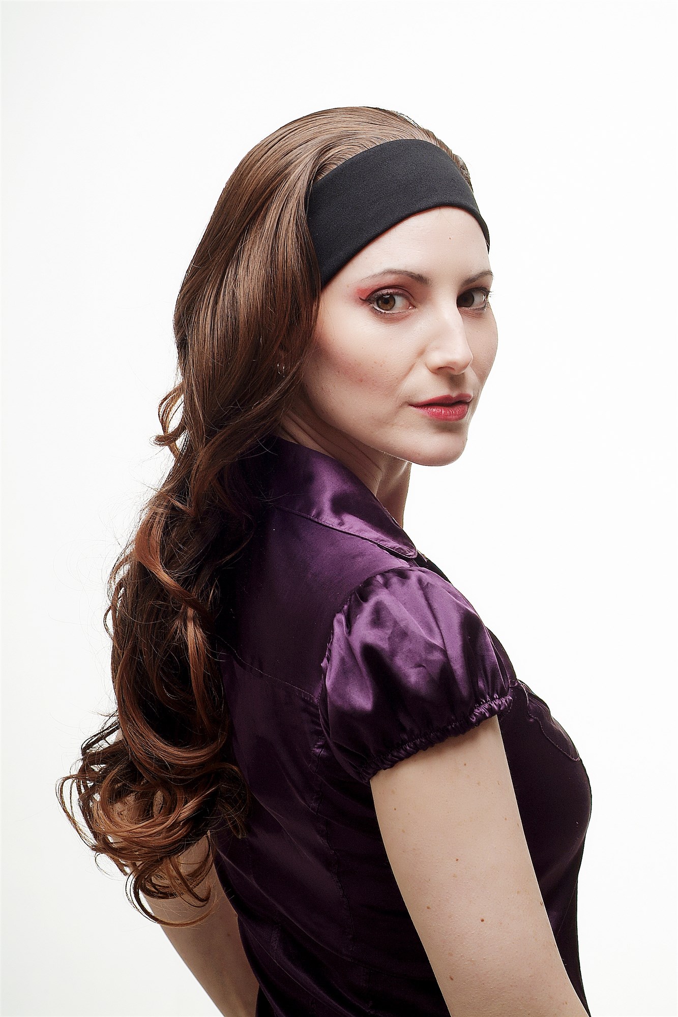 hochwertige Qualitätsperücken, Perücke Halbperücke mit Stirnband gelockte Haare Braun-Mix H9309-2T30, Ansicht 2, WIG ME UP: Ihr Perücken Online Shop lockige Tressen-Perücke mit Stirnband Braun lange Haare für Damen