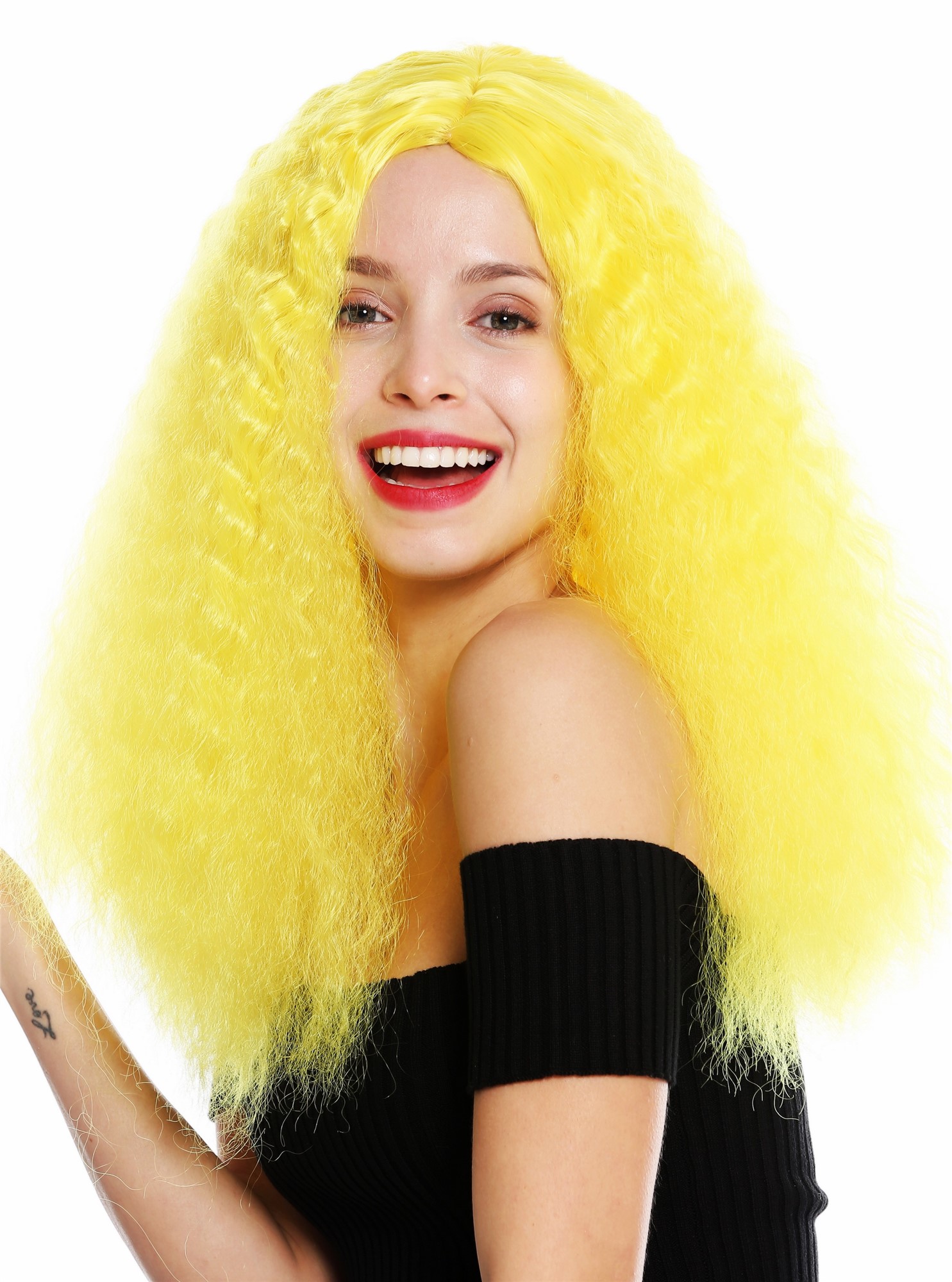 hochwertige Qualitätsperücken, Perücke lang Kraus Locken Volumen Mittelscheitel Gelb YZF-7304-T2104, Ansicht 3, WIG ME UP: Ihr Perücken Online Shop lockige Tressen-Perücke mit Kopfhaut-Imitat Neongelb lange Haare für Damen