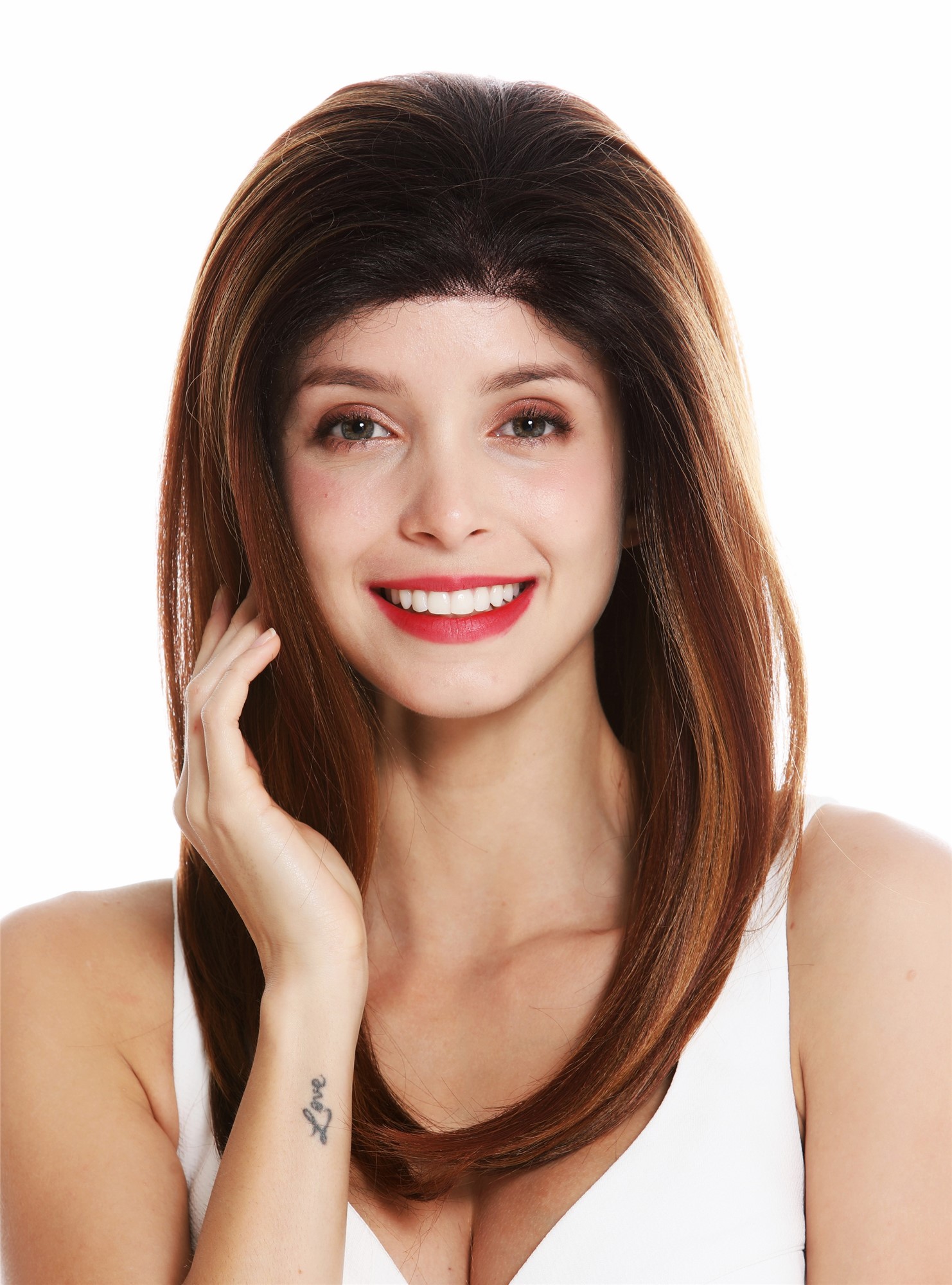 hochwertige Qualitätsperücken, Perücke Lace-Front lang glatt voluminös Ombre Braun Kupferbraun RGF-5544-LF-OP27, Vorderansicht, WIG ME UP: Ihr Perücken Online Shop glatte Tressen-Perücke mit Front-Lace Braun lange Haare für Damen