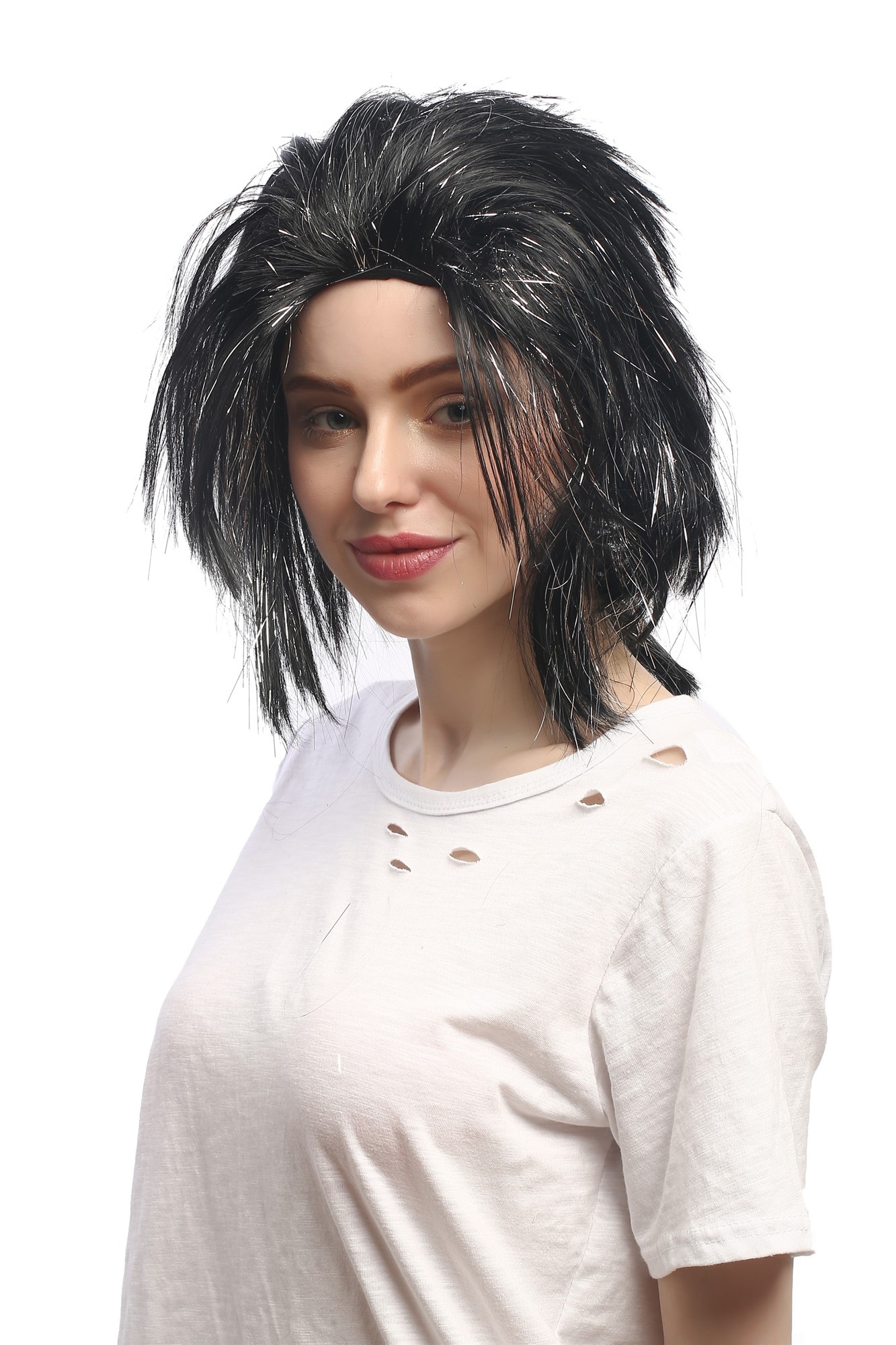 günstige Party Perücke, Perücke Schwarz Silber Strähnen Zopf 91064-ZA103-silver, Ansicht 2, WIG ME UP: Ihr Perücken Online Shop wellige Party Perücke Schwarz lange Haare Unisex