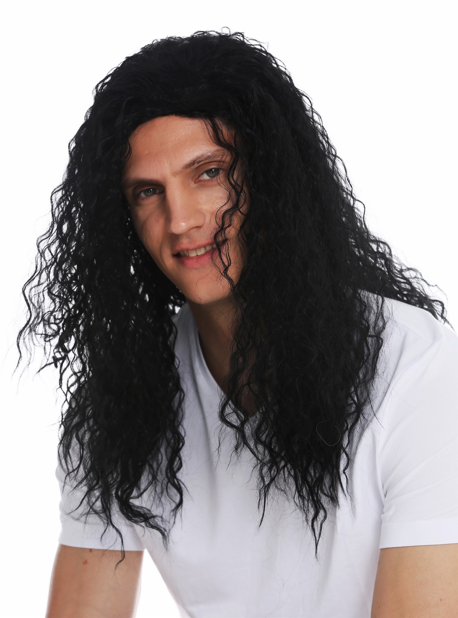 Wig man men long curly black parting hard rock Heavy Metal latin lover VK-33, view 2, WIG ME UP: Your Perücken Online Shop Party Wig, Unisex, Black, curled, long