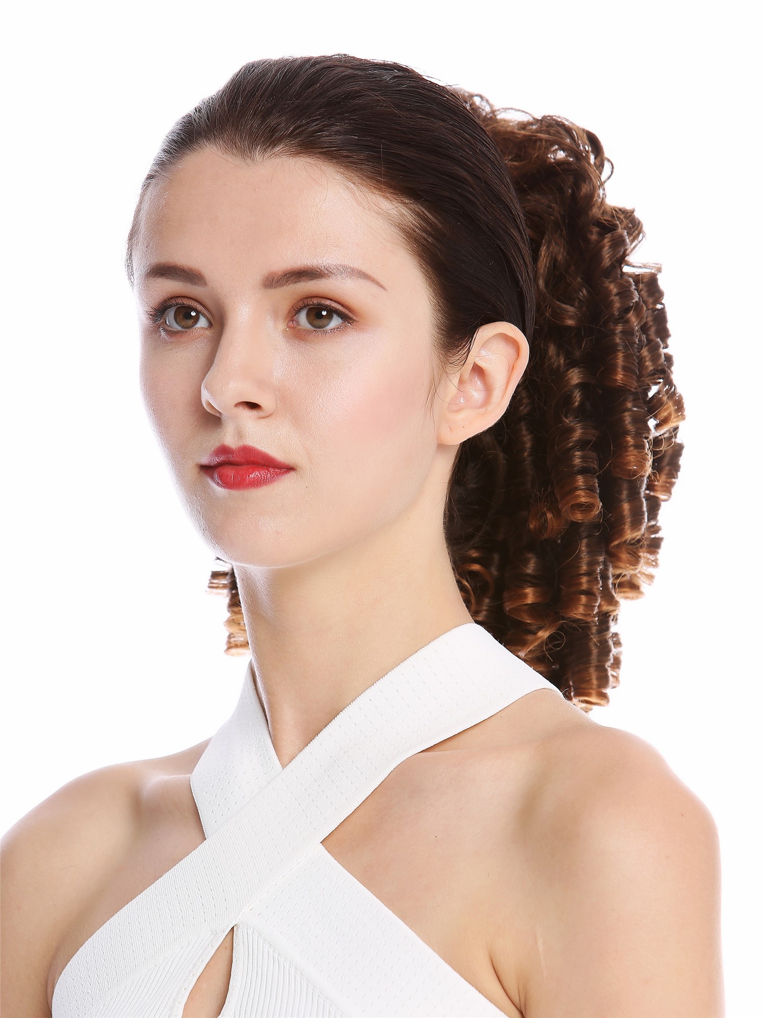 hochwertiger Zopf Pferdeschwanz Korkenzieher-Locken lockig Kastanie N900A+2-V-2T30, Ansicht 3, WIG ME UP: Ihr Perücken Online Shop glattes Zopf-Haarteil Braun-Mix 30 cm lang