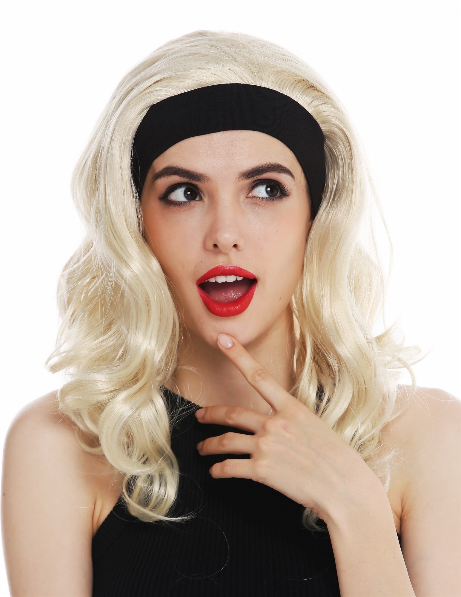 Women's wig lady Halloween carnival head band long blonde wavy 80's retro 9028, front view, WIG ME UP: Your Perücken Online Shop Party Wig, Ladies, light blonde, wavy, shoulder-length