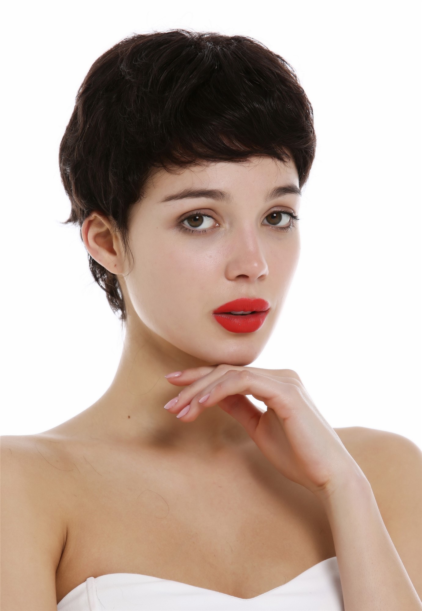 hochwertige Qualitätsperücken, Perücke Echthaar Damen Herren kurz Pixie wild wellig Schwarzbraun BHH-11-2, Ansicht 5, WIG ME UP: Ihr Perücken Online Shop wellige Tressen-Perücke Schwarzbraun kurze Haare für Damen