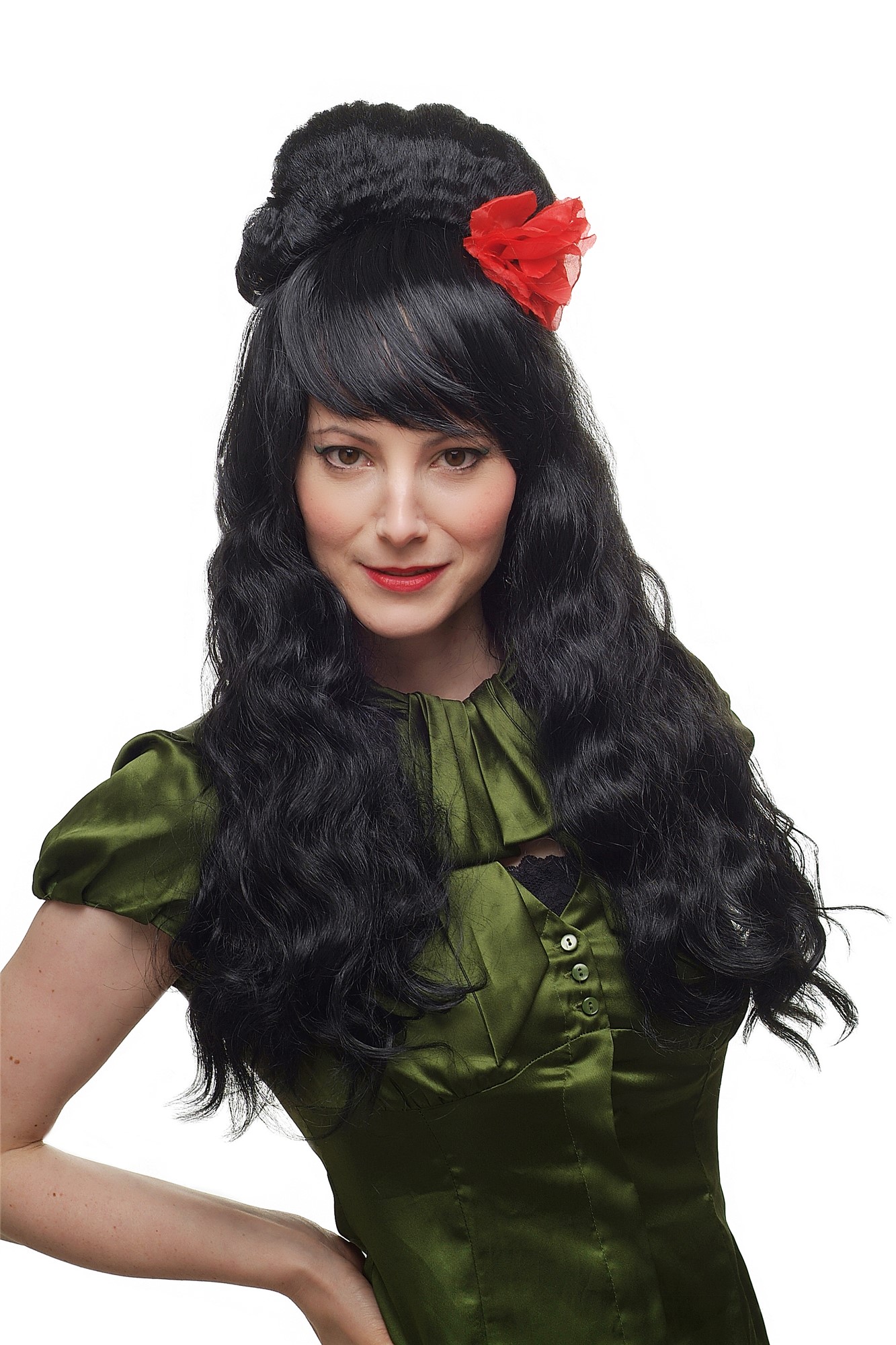 Party/Fancy Dress/Halloween WIG Spanish rose senorita senora beehive BLACK & VERY LONG curly 60ies, front view, WIG ME UP: Your Perücken Online Shop Party Wig, Ladies, Black, wavy, long