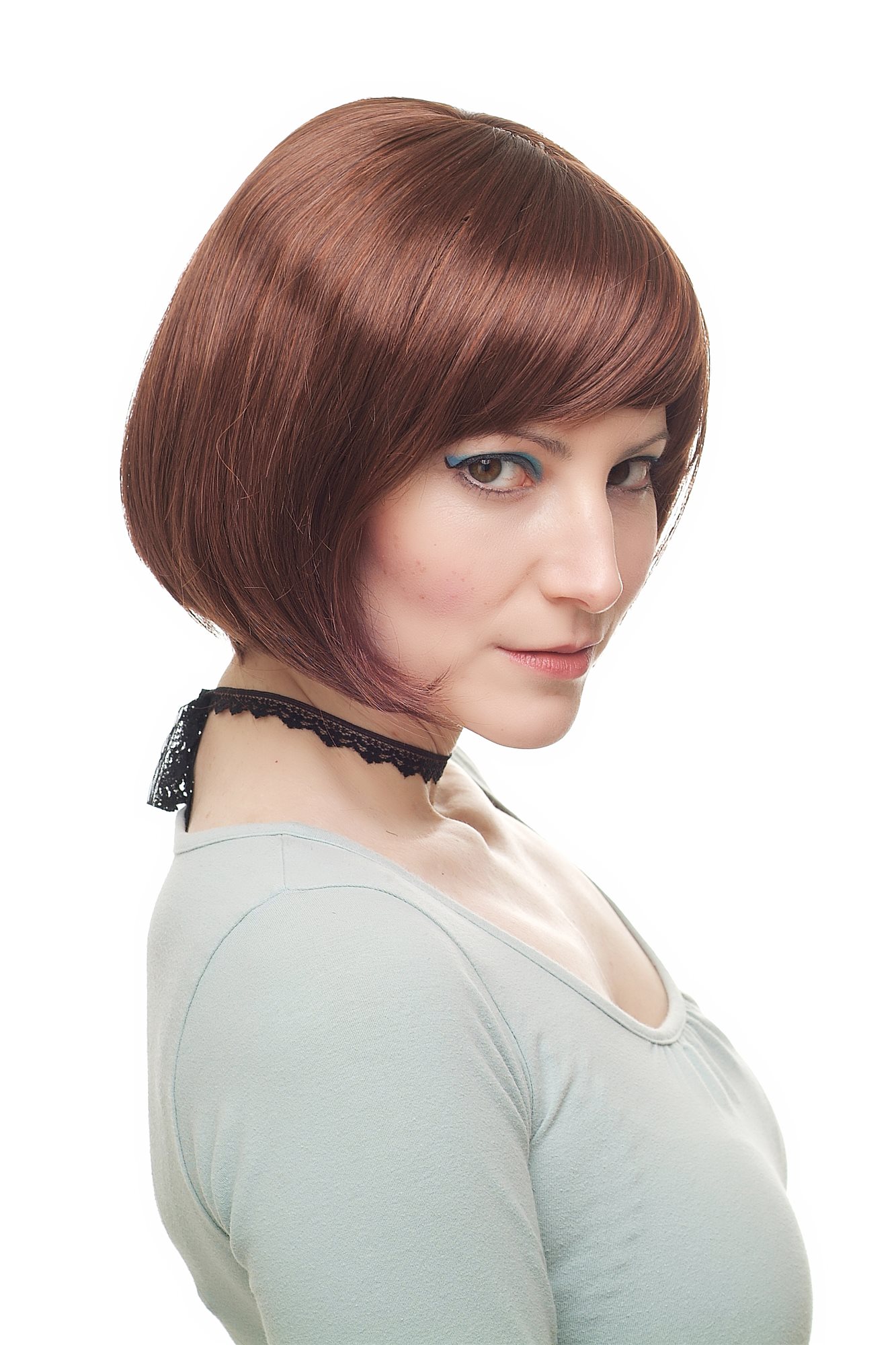 hochwertige Qualitätsperücken, Sexy Damen Bob Perücke glatte kurze Haare mit Pony Rot Kupfer 703-33A/130, Ansicht 2, WIG ME UP: Ihr Perücken Online Shop glatte Tressen-Perücke mit Kopfhaut-Imitat Dunkles Rostbraun-Rostrot-Mix kurze Haare für Damen