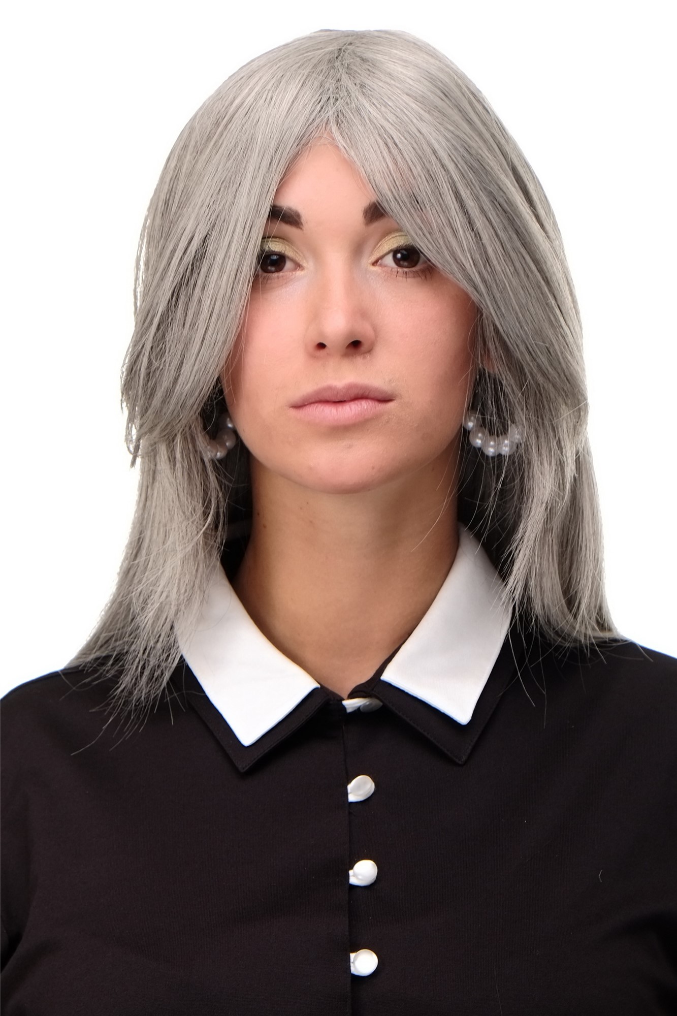 Lady wig medium length long fringe worn to side straight layered light gray 3110, front view, WIG ME UP: Your Perücken Online Shop Quality Wigs, Ladies, Grey, straight, very long