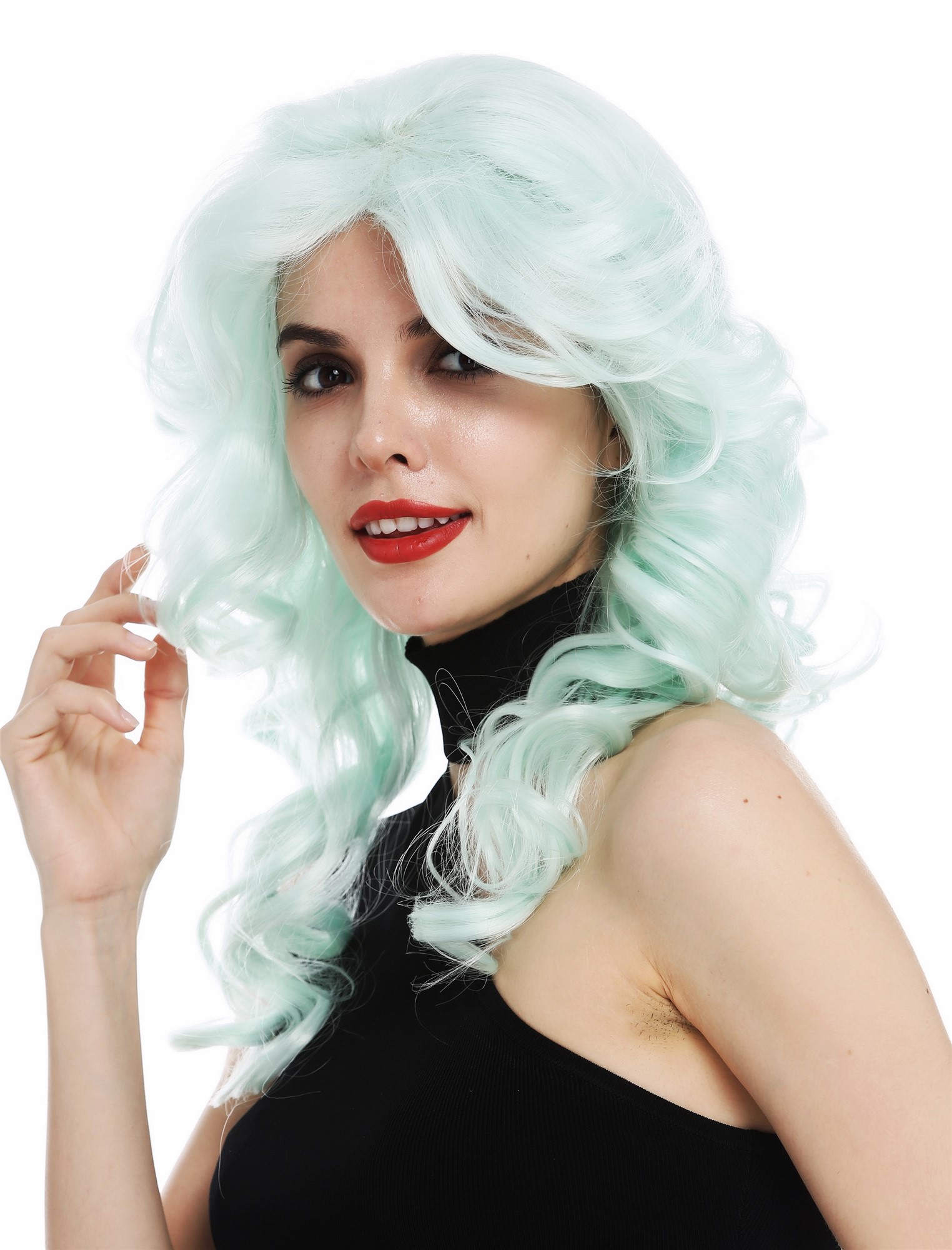 hochwertige Qualitätsperücken, Perücke Diva 80er Wellig Türkis Grün WL-3010-T5507, Ansicht 3, WIG ME UP: Ihr Perücken Online Shop lockige Tressen-Perücke Hellgrün schulterlange Haare für Damen