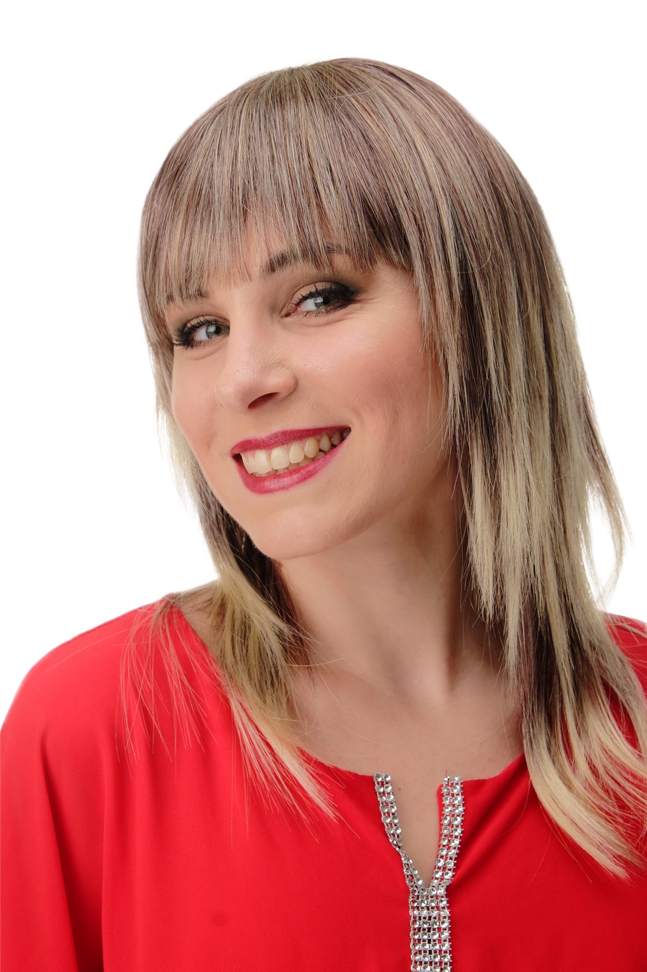 hochwertige Qualitätsperücken, Perücke Schulterlang Pony Braun Blond Gesträhnt GFW2203-99JT613E, Vorderansicht, WIG ME UP: Ihr Perücken Online Shop glatte Tressen-Perücke mit Kopfhaut-Imitat Rotbraun-Lichtblond-Mix schulterlange Haare für Damen