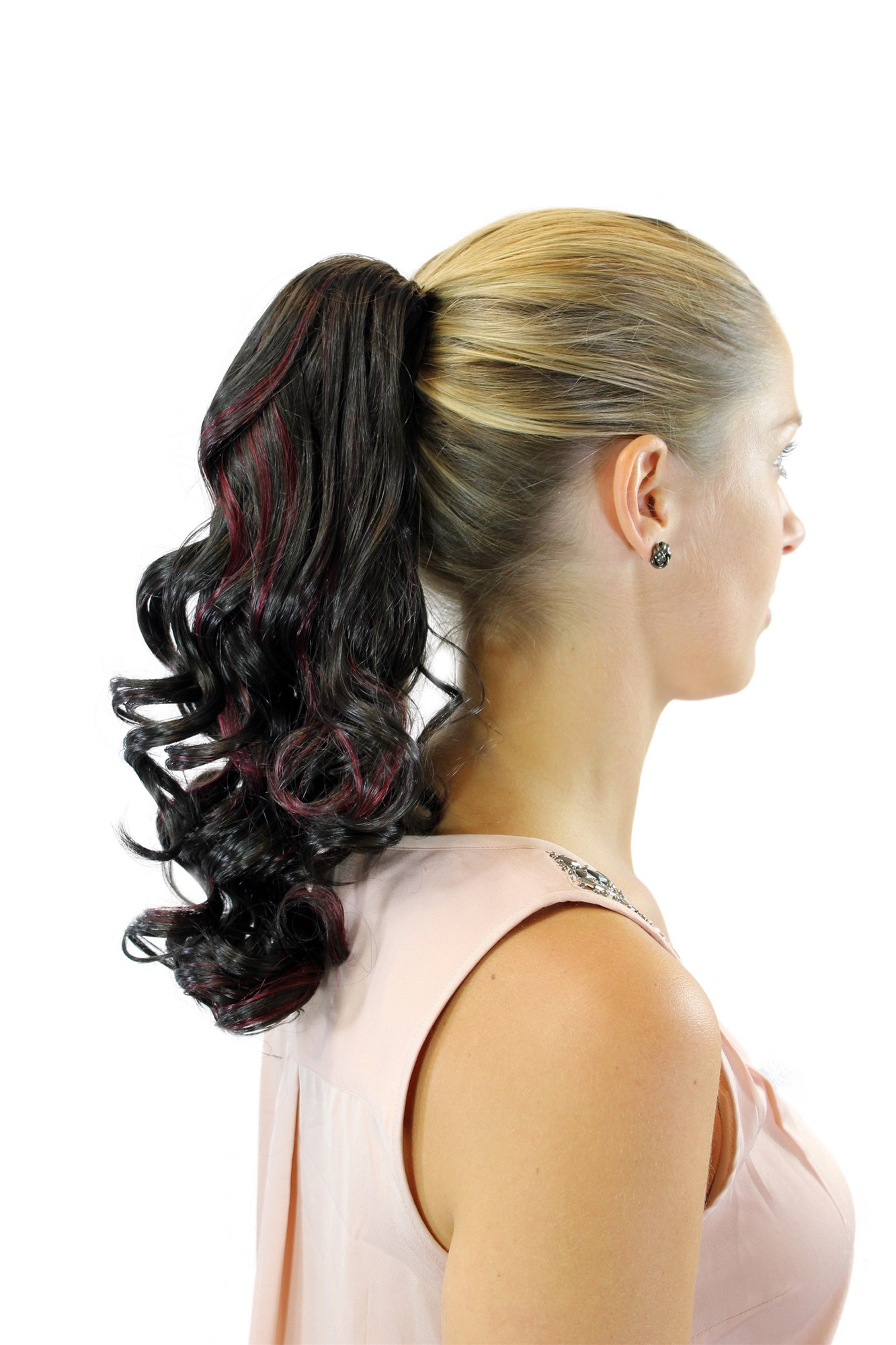 XF-0021-4H39R Ponytail Hairpiece extension medium shoulder length curled curls voluminous dark brown streaked with red 14", view 3, WIG ME UP: Your Perücken Online Shop Ponytails, dark brown-red mix, curled, shoulder-length