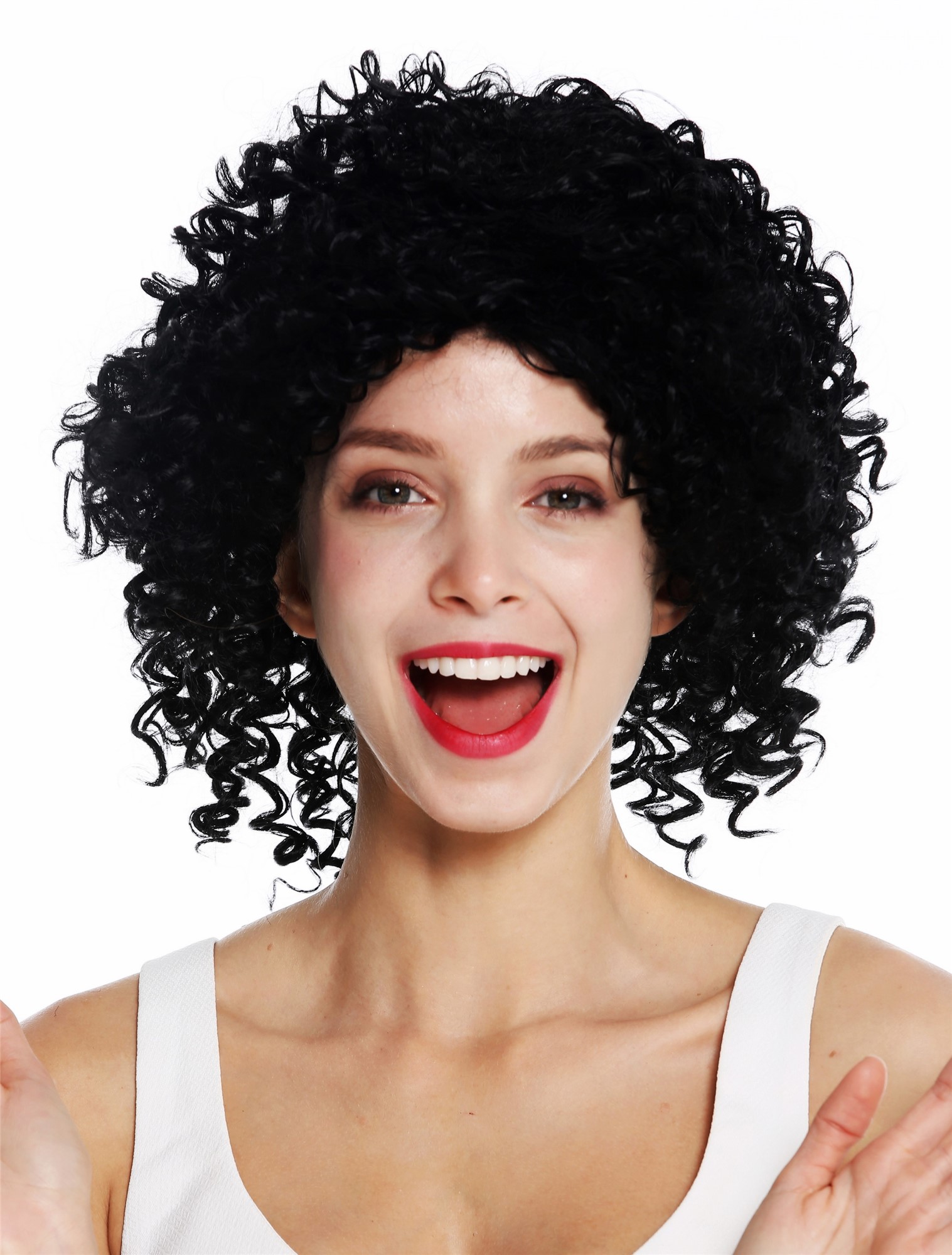 Women's wig lady short shoulder length voluminous frizzy very curly black VIVI, front view, WIG ME UP: Your Perücken Online Shop Quality Wigs, Ladies, Black, curled, short