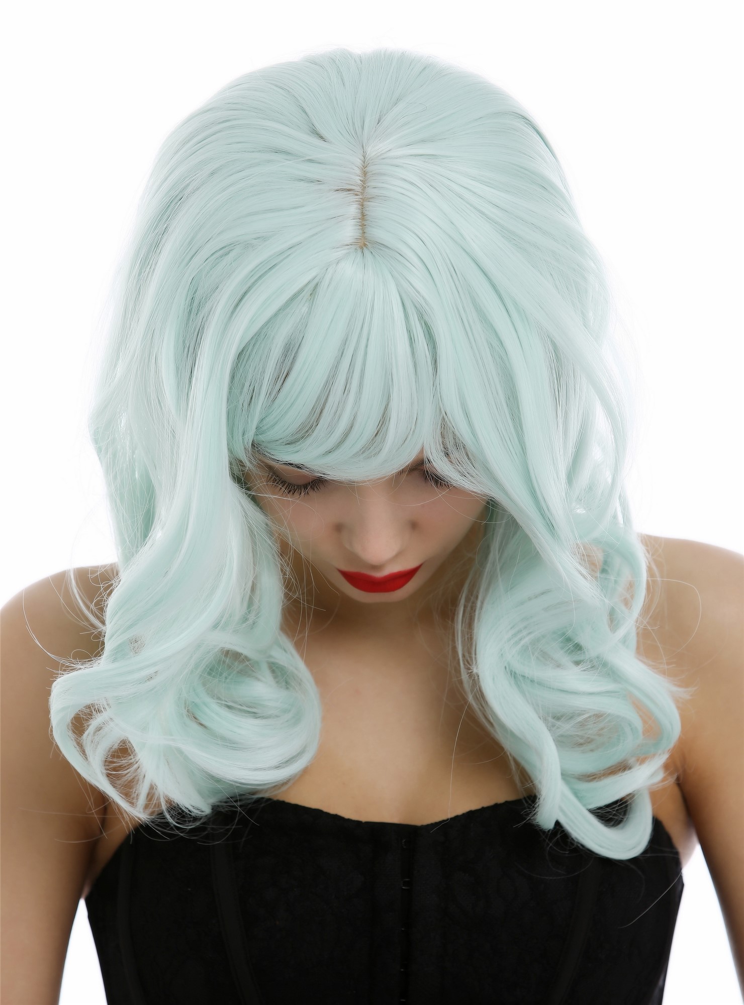 hochwertige Qualitätsperücken, Elegante Damen Perücke lange lockige Haare Pony Grün Hellgrün 3001-T5507, Ansicht 5, WIG ME UP: Ihr Perücken Online Shop wellige Tressen-Perücke mit Kopfhaut-Imitat Hellgrün lange Haare für Damen