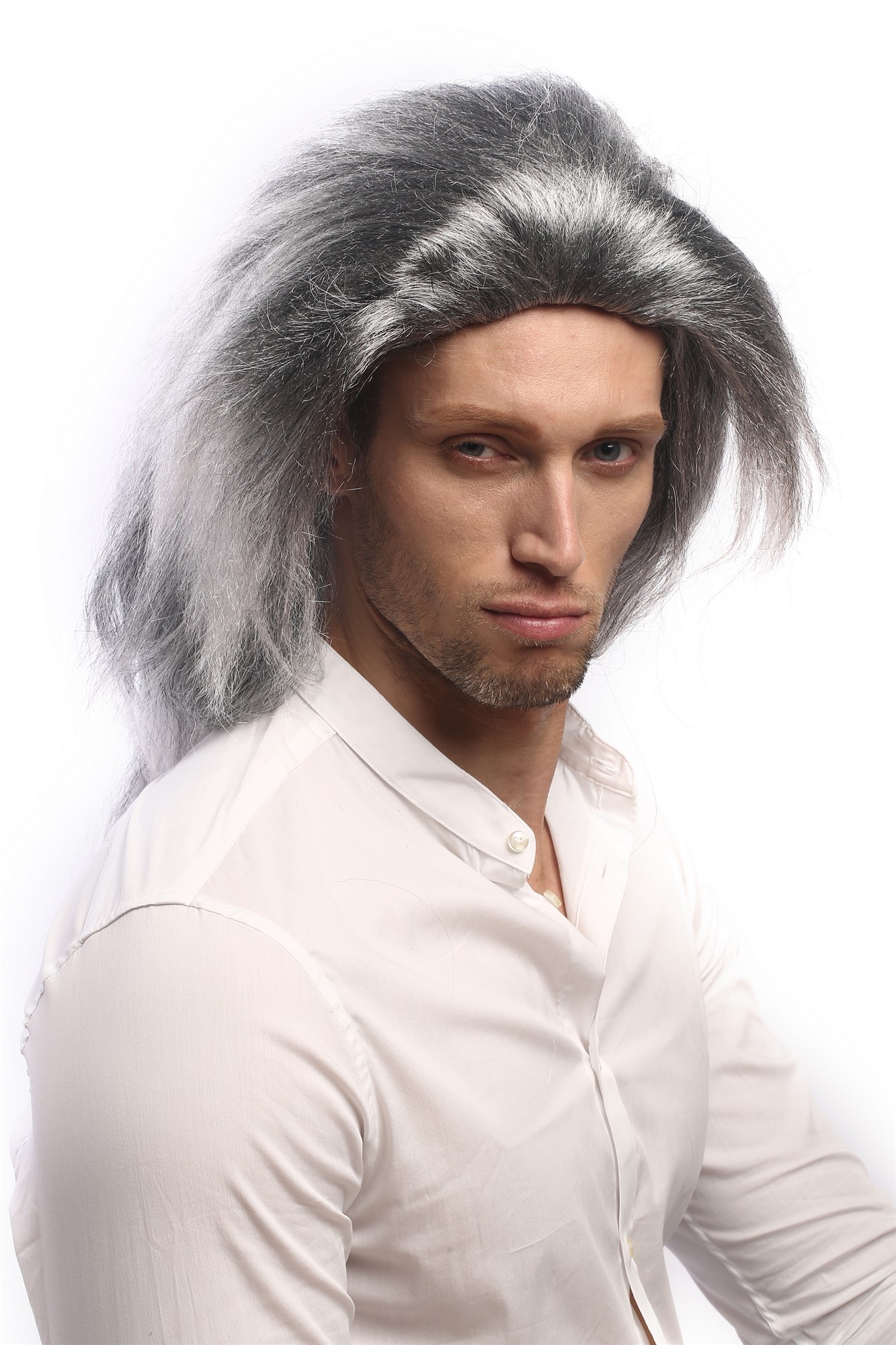 günstige Party Perücke, Perücke Lang Grau Schwarz Vampir 90769-ZA68TZA103, Vorderansicht, WIG ME UP: Ihr Perücken Online Shop wellige Party Perücke Grau schulterlange Haare für Herren