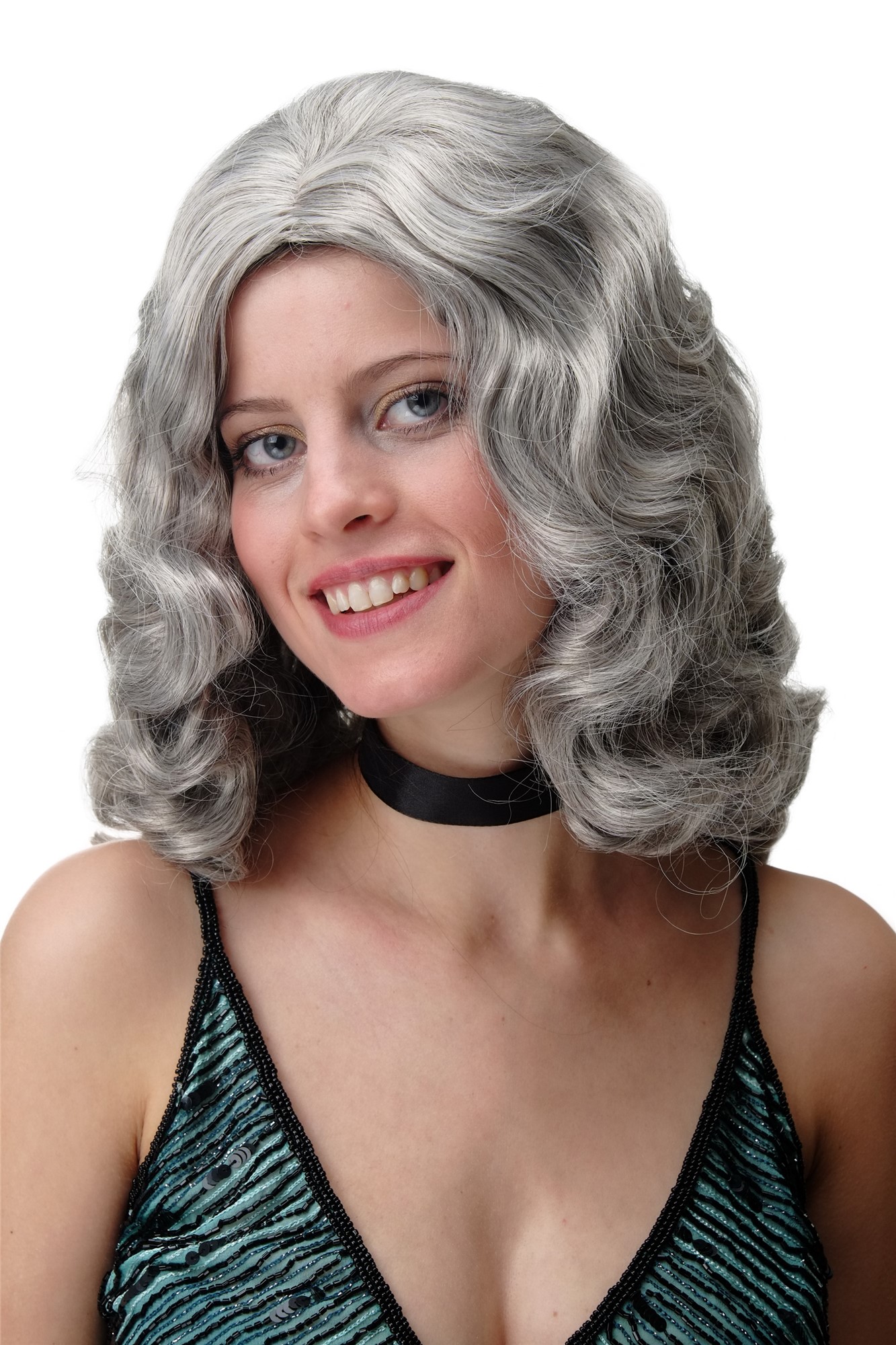 Quality Wigs, Ladies, silver gray with a small amount of black, wavy, shoulder-length