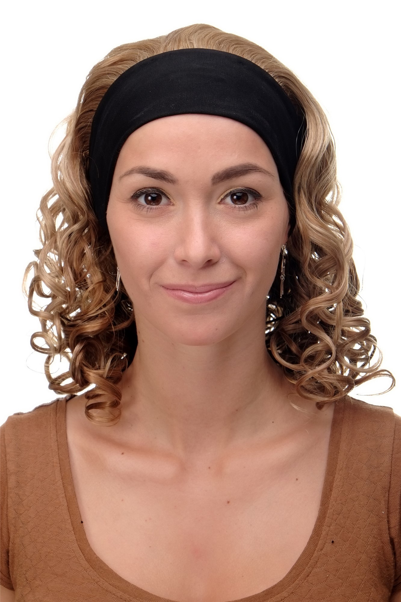 hochwertige Qualitätsperücken, Perücke Stirnband Blond-Mix Locken Schulterlang BRO-704-G15, Ansicht 2, WIG ME UP: Ihr Perücken Online Shop lockige Tressen-Perücke mit Stirnband Blond-Mix schulterlange Haare für Damen