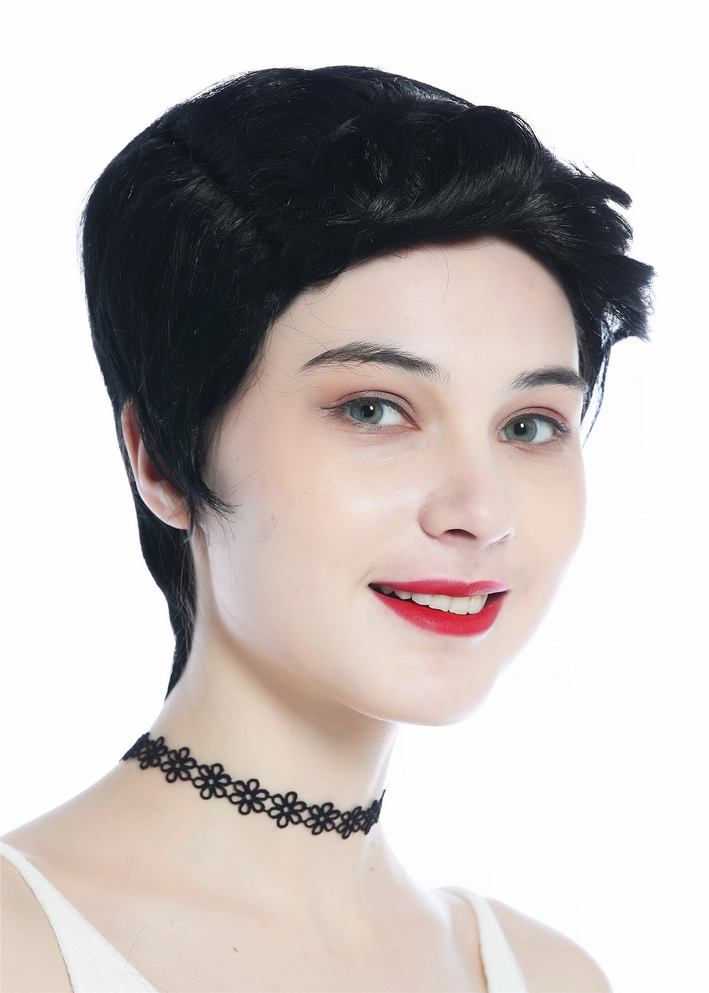hochwertige Qualitätsperücken, Perücke unisex kurz glatt gelockte Tolle Schwarz DW3333-1, Ansicht 2, WIG ME UP: Ihr Perücken Online Shop lockige Tressen-Perücke Schwarz kurze Haare für Unisex
