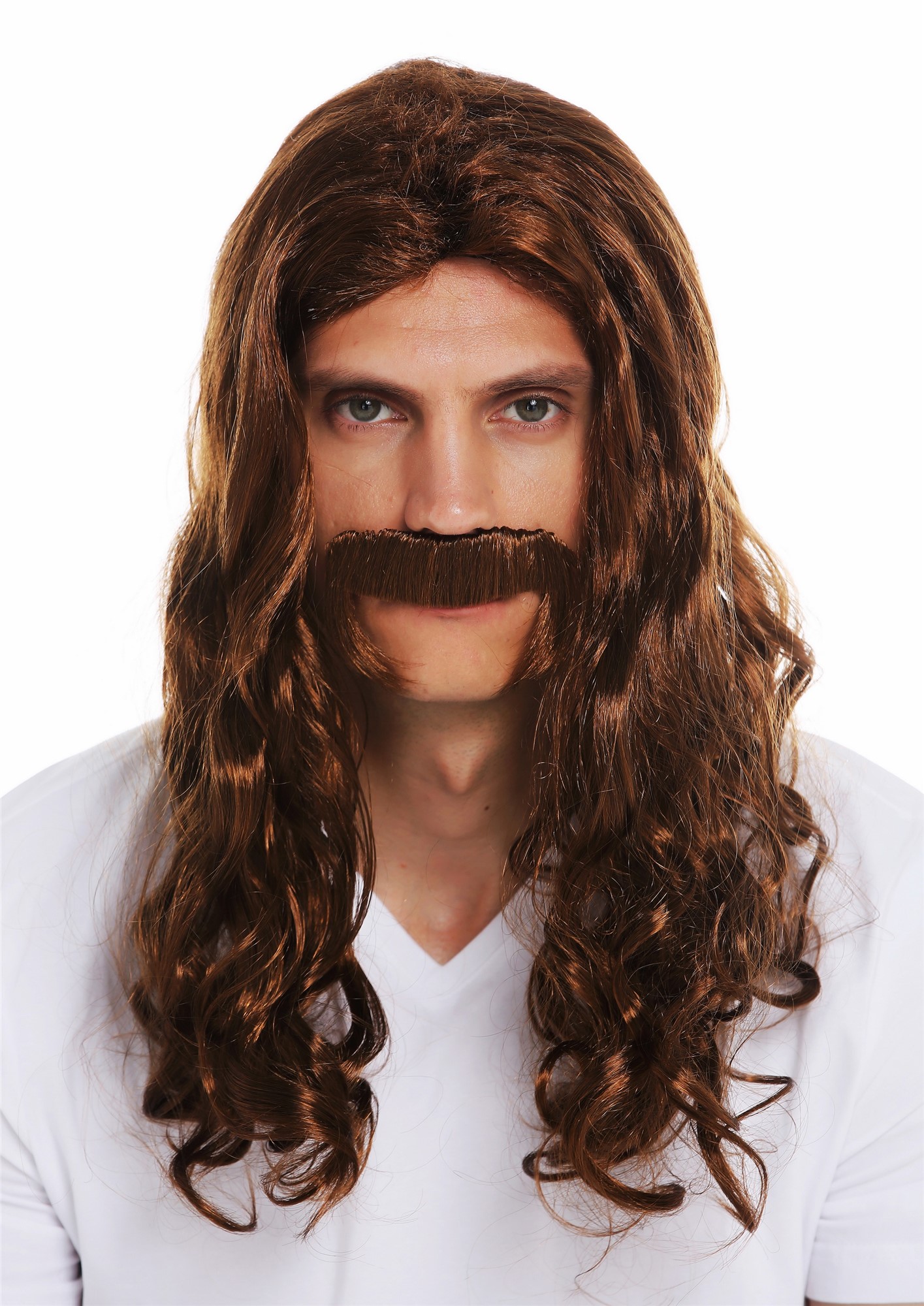 Wig & beard set men long wavy curly brown middle ages viking 70's hippie 70666 , front view, WIG ME UP: Your Perücken Online Shop Party Wig, Men, brown mix, wavy, long