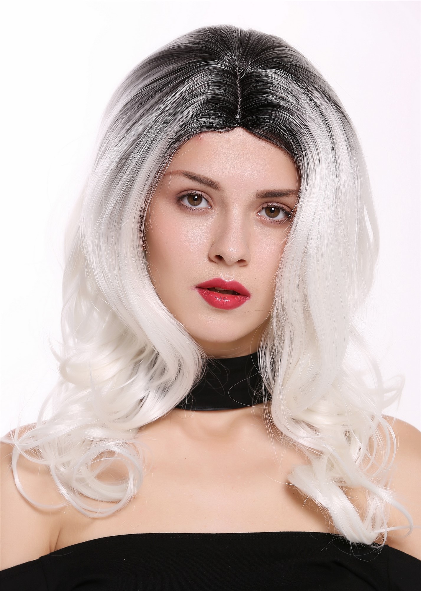 hochwertige Qualitätsperücken, Perücke Lang Gewellt Mittelscheitel Ombre Schwarz Weiß DW1595-YS1+882, Ansicht 2, WIG ME UP: Ihr Perücken Online Shop wellige Tressen-Perücke mit Kopfhaut-Imitat Tiefschwarz-Blütenweiß-Mix lange Haare für Damen