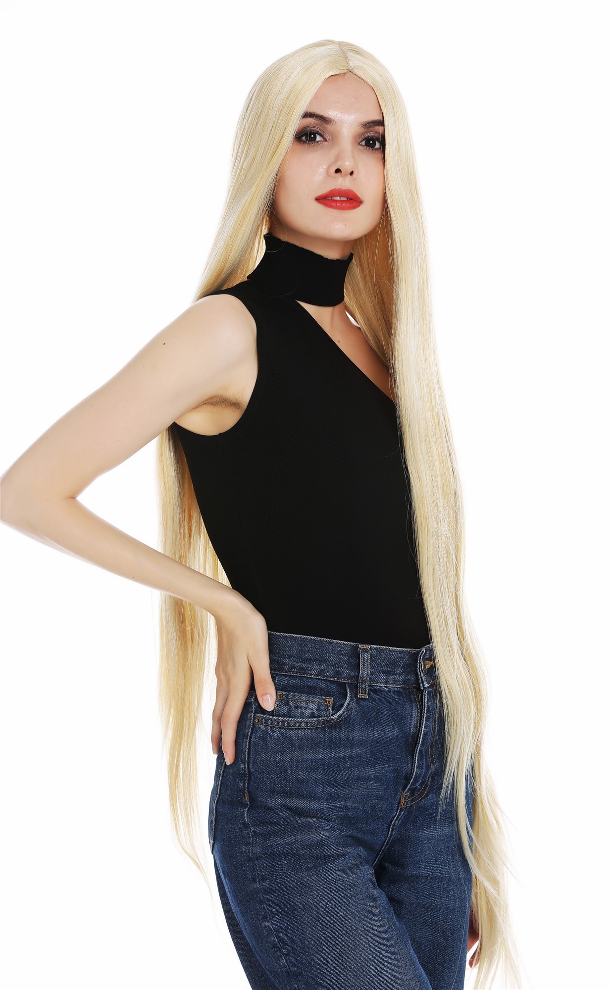 hochwertige Qualitätsperücken, Perücke super lang 120 cm glatt Mittelscheitel Blond Goldblond XR-845-24B, Vorderansicht, WIG ME UP: Ihr Perücken Online Shop glatte Tressen-Perücke mit Kopfhaut-Imitat Goldblond sehr lange Haare für Damen