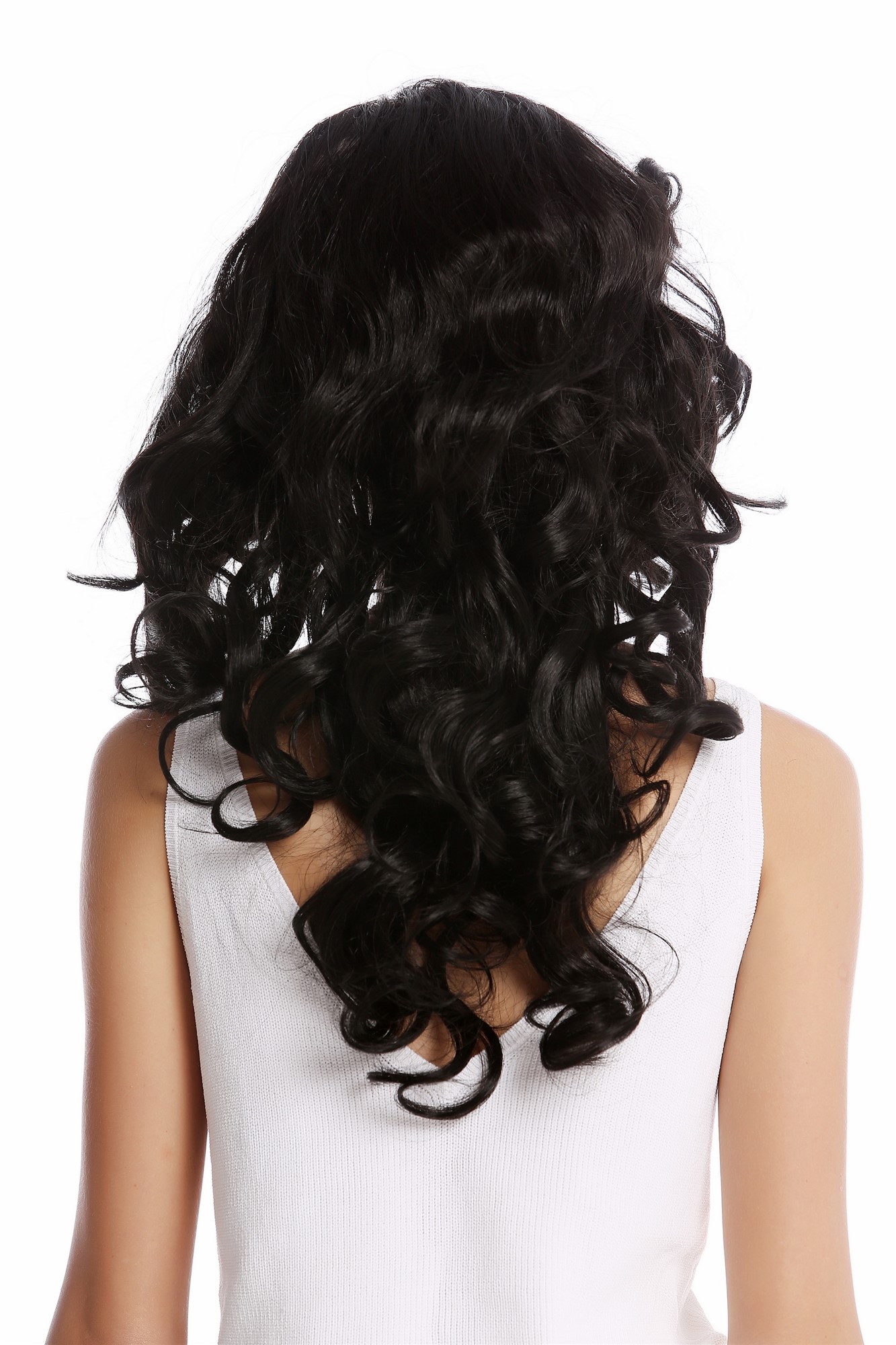hochwertige Qualitätsperücken, Perücke Diva 80er Wellig Schwarz WL-3010-1B, Ansicht 4, WIG ME UP: Ihr Perücken Online Shop wellige Tressen-Perücke Samtschwarz lange Haare für Damen