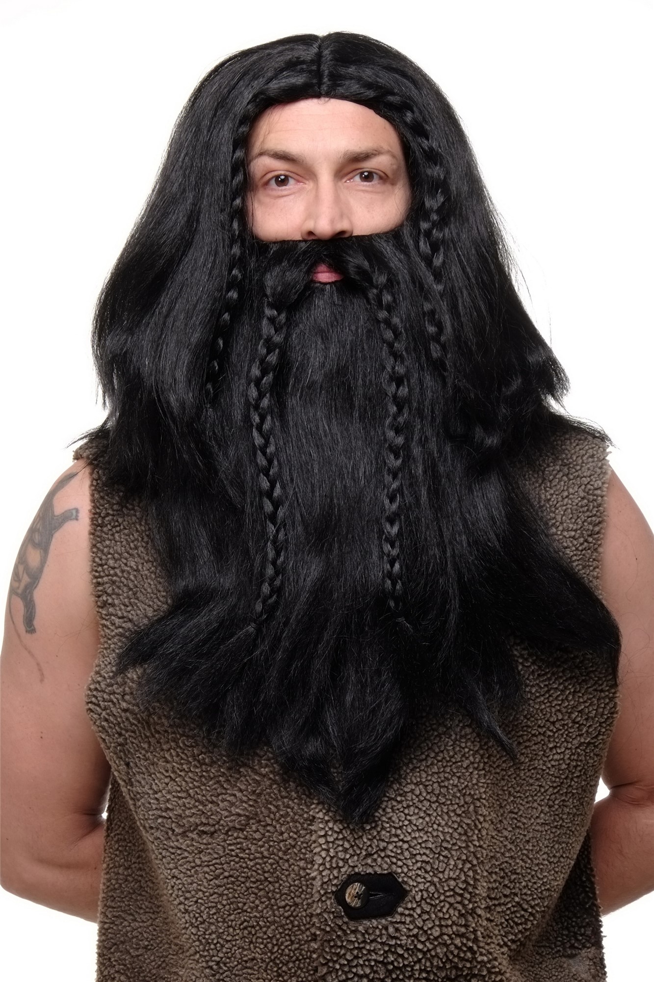 Party/Fancy Dress /Halloween black Wig & Beard Erik Viking Chieftain Barbarian Berzerker Dwarf, front view, WIG ME UP: Your Perücken Online Shop Party Wig, Men, Black, Braided, long