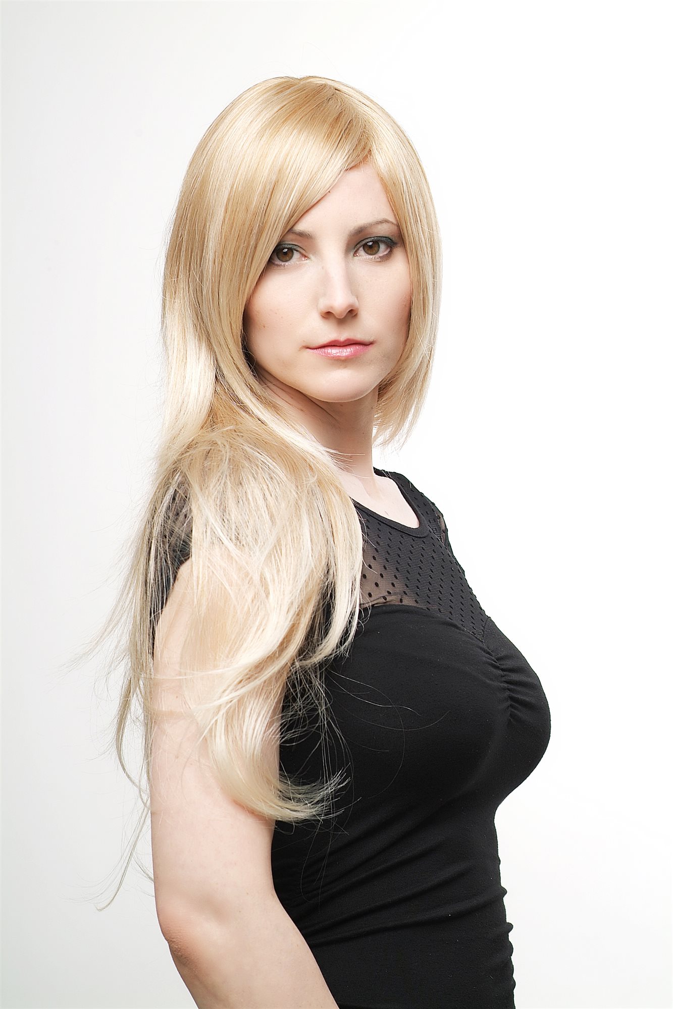 Lady wig medium length long fringe worn to side straight layered blond mix 3110, view 3, WIG ME UP: Your Perücken Online Shop Quality Wigs, Ladies, Blonde, straight, long