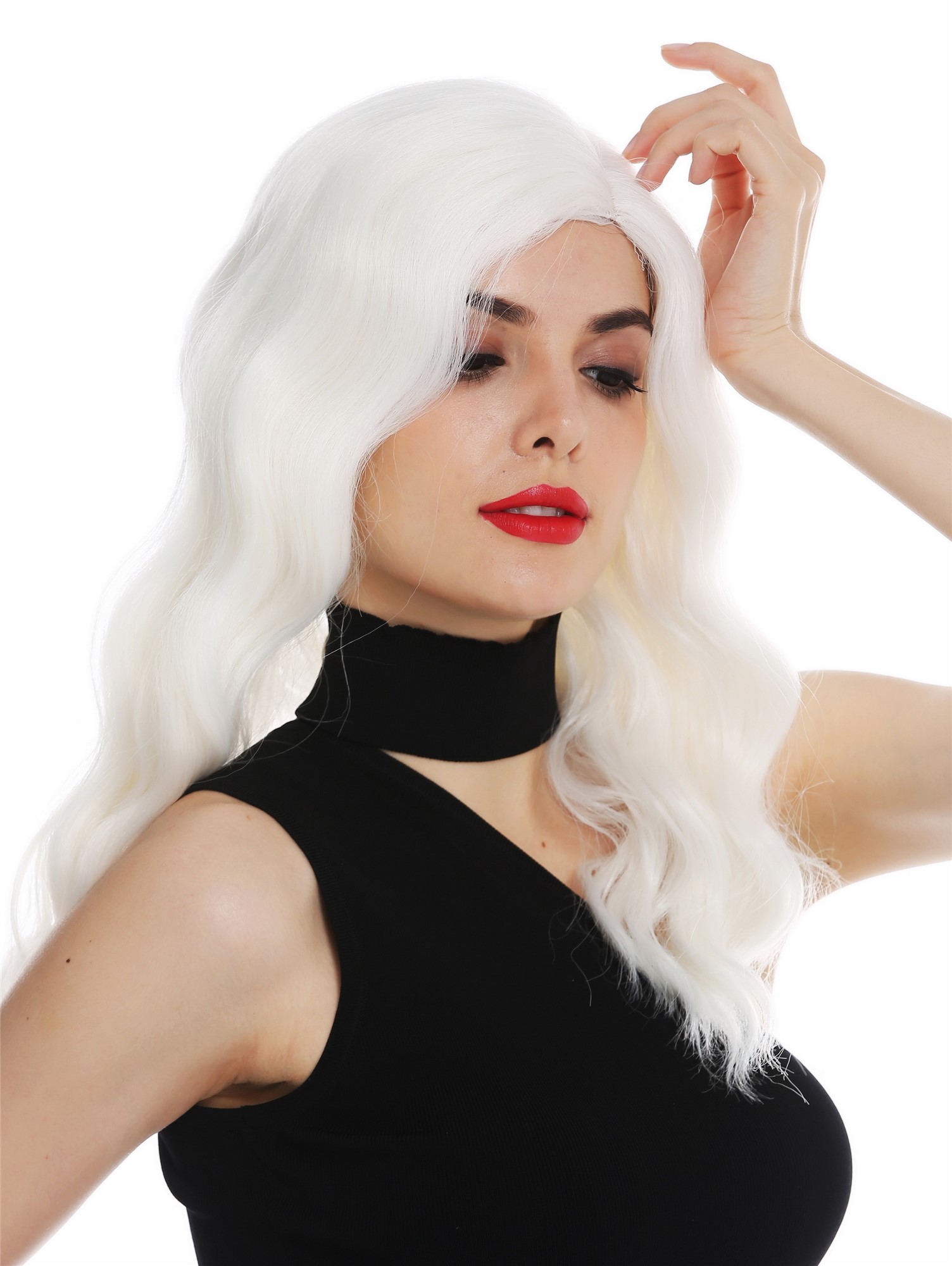 Lady wig long parting wavy waved classy 1930s Hollywood diva white VK-58, front view, WIG ME UP: Your Perücken Online Shop Quality Wigs, Ladies, blossom white, wavy, shoulder-length