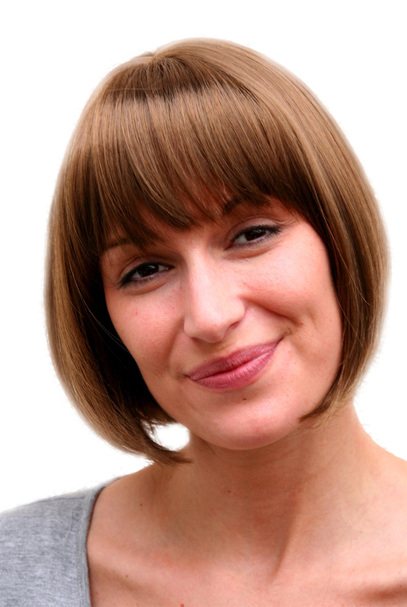 hochwertige Qualitätsperücken, Sexy Damen Bob Perücke glatte kurze Haare mit Pony brünett mittelbraun 703-10, Vorderansicht, WIG ME UP: Ihr Perücken Online Shop glatte Tressen-Perücke mit Kopfhaut-Imitat Mittel-Goldbraun kurze Haare für Damen