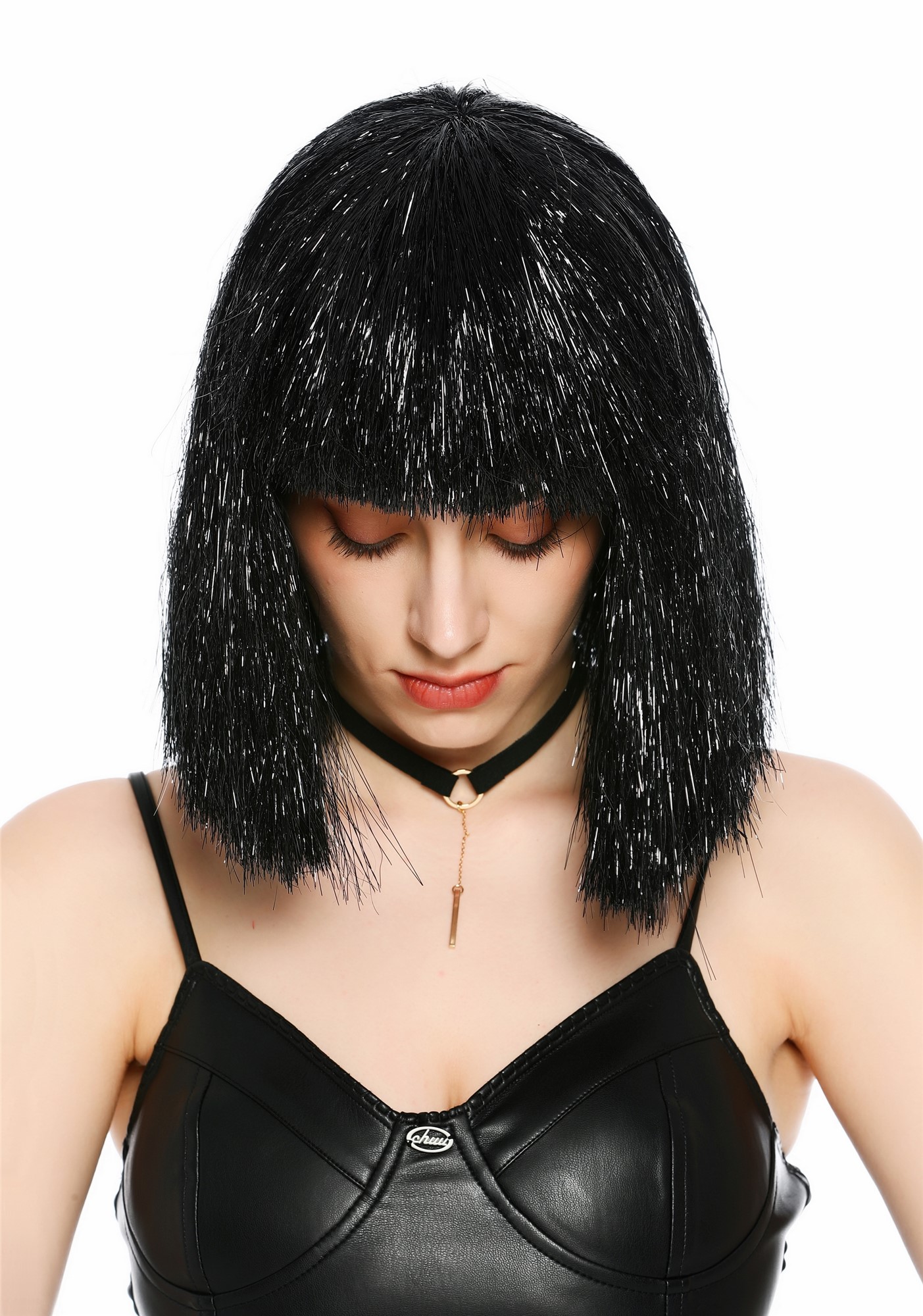 Perücke Damen Glitzer Lametta Tinsel Look Longbob Pony Disco Glam Schwarz VK-42-TN18