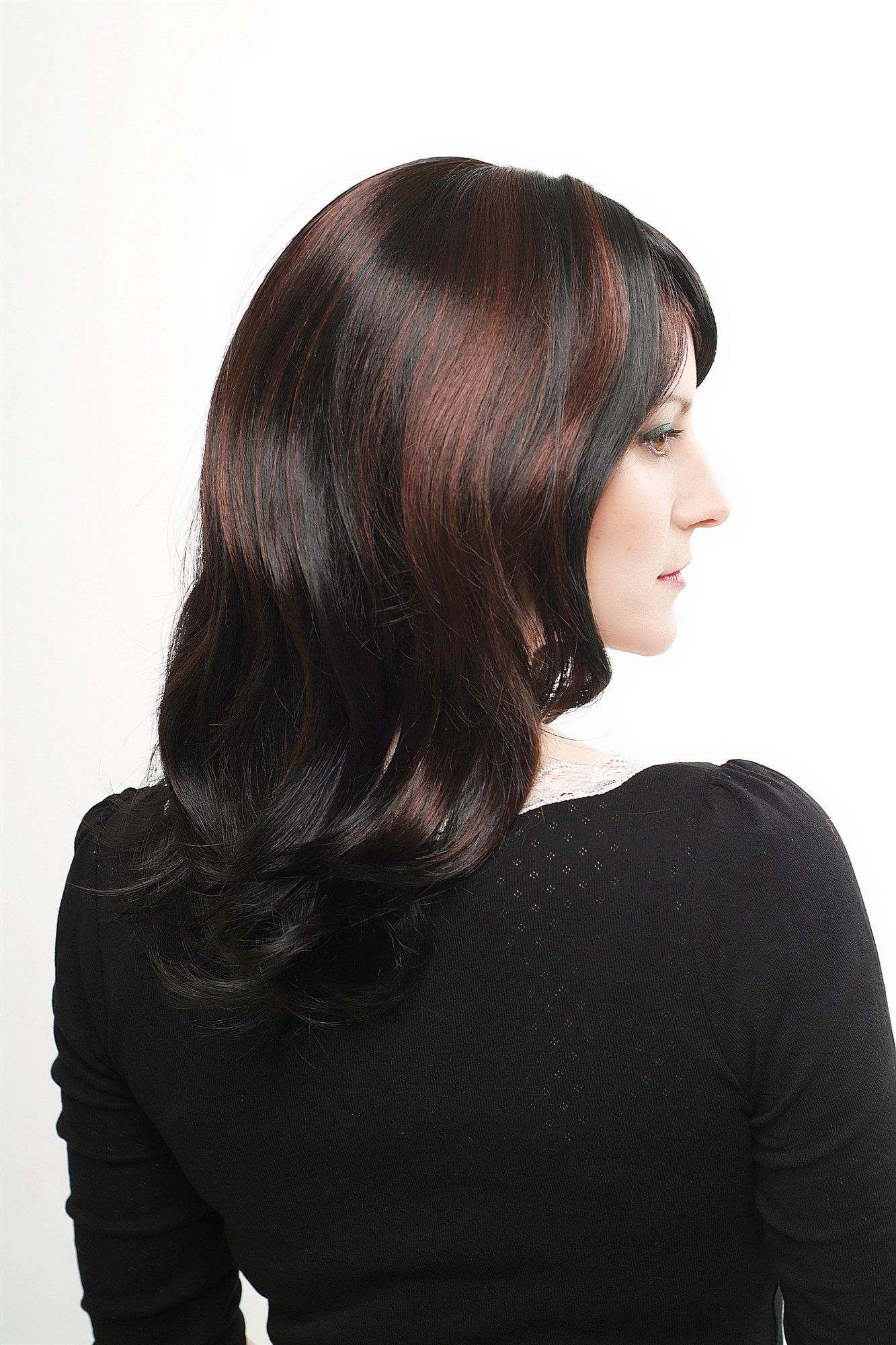 Lady women wig meedium long cute parting wavy black mahagony brown highlights, view 8, WIG ME UP: Your Perücken Online Shop Quality Wigs, Ladies, velvet black-chestnut mix, wavy, long