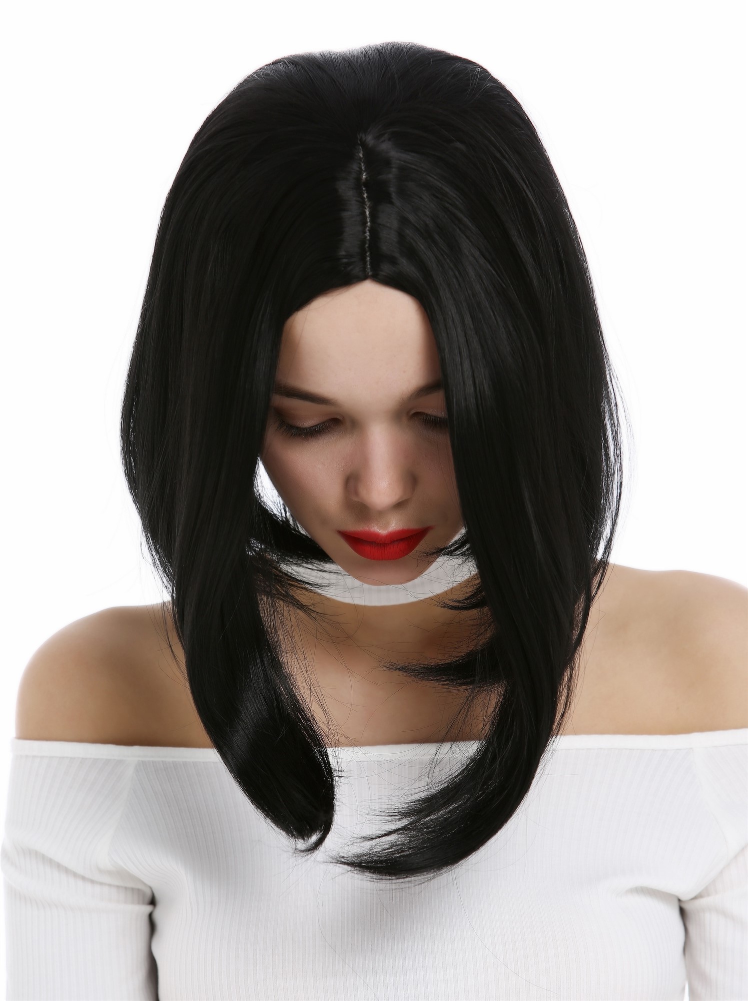 hochwertige Qualitätsperücken, Perücke kurz konkaver Bob Longbob Mittelscheitel Schwarz YZF-4365-1B, Ansicht 5, WIG ME UP: Ihr Perücken Online Shop glatte Tressen-Perücke mit Kopfhaut-Imitat Samtschwarz kurze Haare für Damen