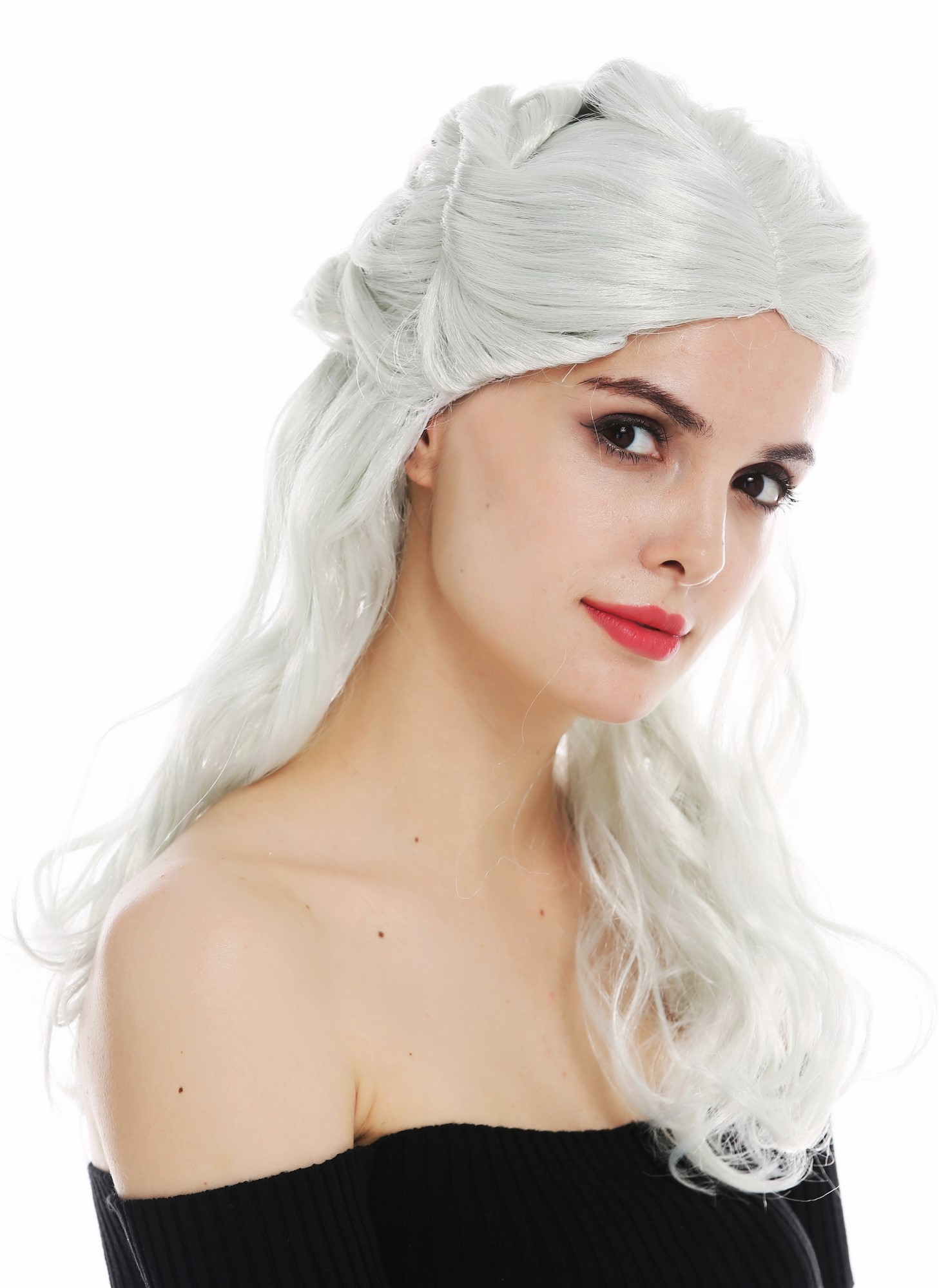 günstige Party Perücke, Perücke lang geflochten silber-grau Mix 31955-FR68C-94, Vorderansicht, WIG ME UP: Ihr Perücken Online Shop geflochtene Party Perücke Weißgrau-Lindgrün-Mix schulterlange Haare für Damen