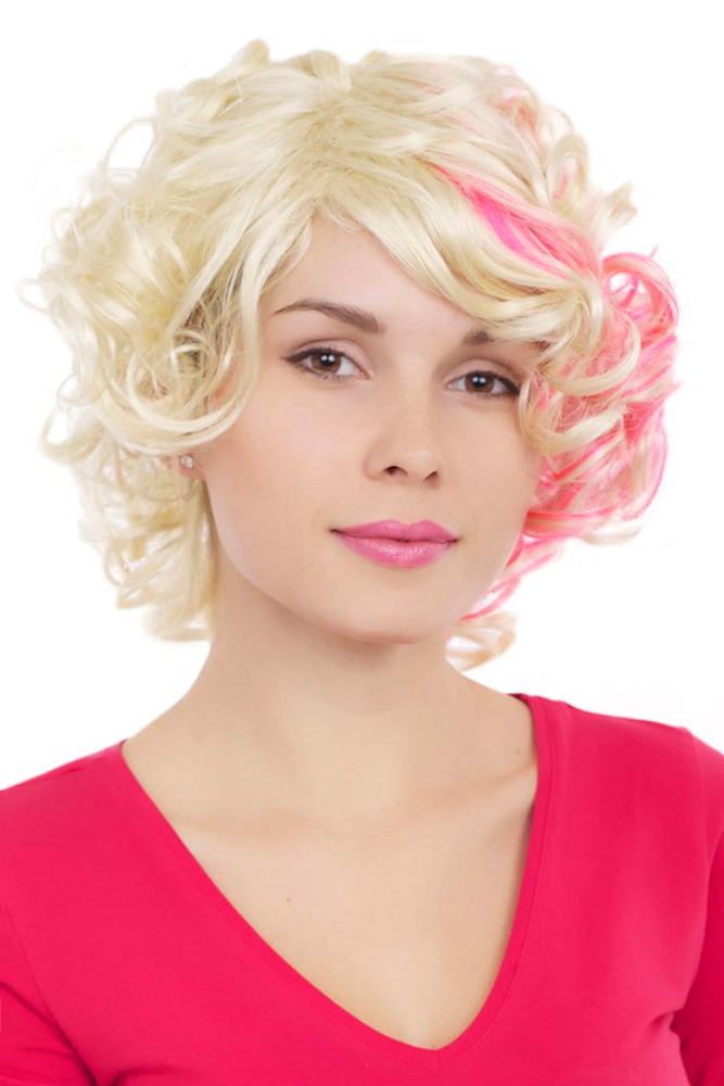 hochwertige Qualitätsperücken, Perücke Locken blond pink GFW961-613TF2315, Vorderansicht, WIG ME UP: Ihr Perücken Online Shop lockige Tressen-Perücke mit Kopfhaut-Imitat Blond kurze Haare für Damen