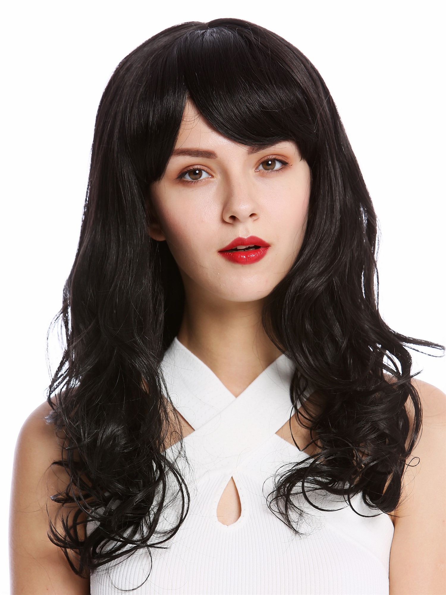 hochwertige Qualitätsperücken, Perücke Lang Gewellt Pony Schwarz SA103-2, Ansicht 2, WIG ME UP: Ihr Perücken Online Shop lockige Tressen-Perücke mit Kopfhaut-Imitat Schwarzbraun lange Haare für Damen