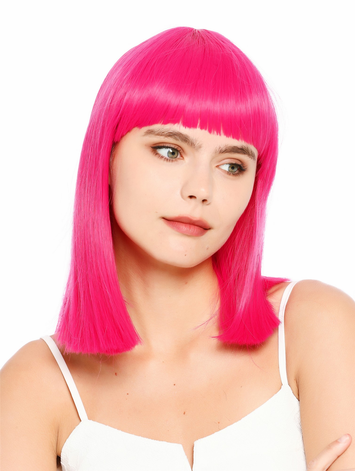 Damenperücke schulterlang blunt cut glatt breiter Pony Disco dunkles Rosa Pink SZL1498-DHT2356