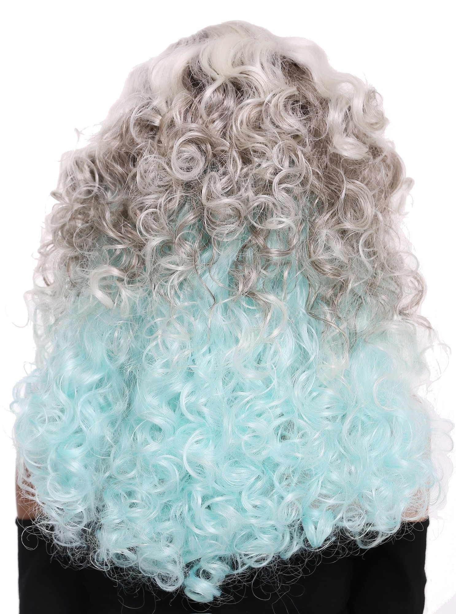 hochwertige Qualitätsperücken, Perücke Lang Volumen Seitenscheitel Braun Blond Blau 1355AB-8+60+L-BLUE, Ansicht 4, WIG ME UP: Ihr Perücken Online Shop lockige Tressen-Perücke mit Kopfhaut-Imitat Aschbraun-Schwedenblond-Türkisblau-Mix lange Haare für Damen