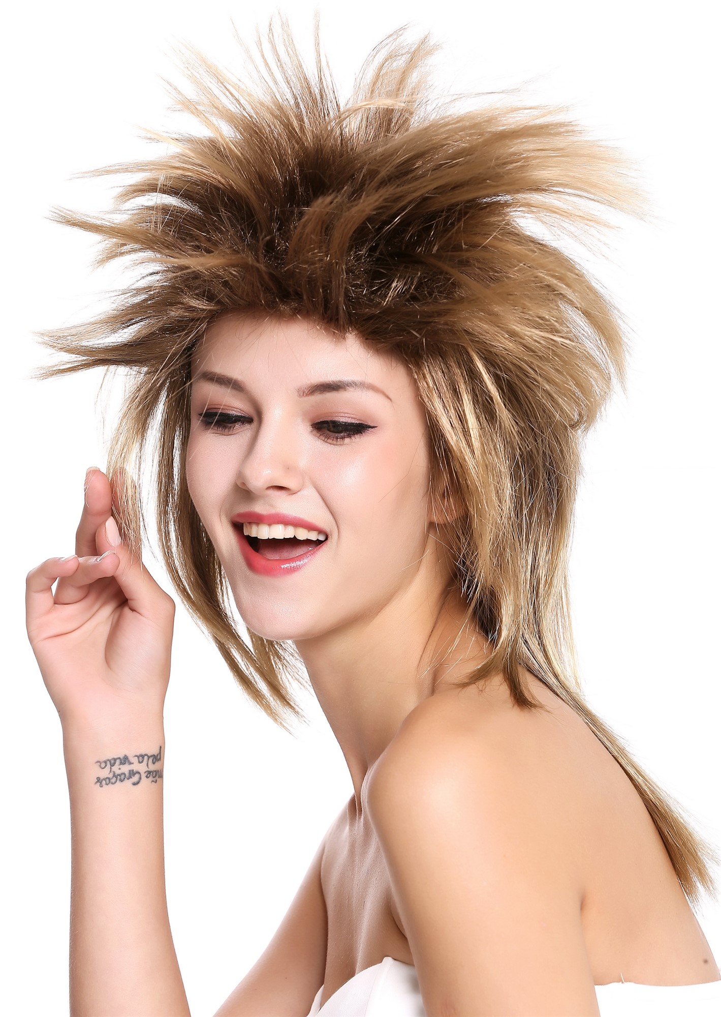 Men & Ladies Party Wig 80s Punk Wave Pop Star Brown Mix Halloween 90891, view 2, WIG ME UP: Your Perücken Online Shop Party Wig, Unisex, Brown, straight, shoulder-length