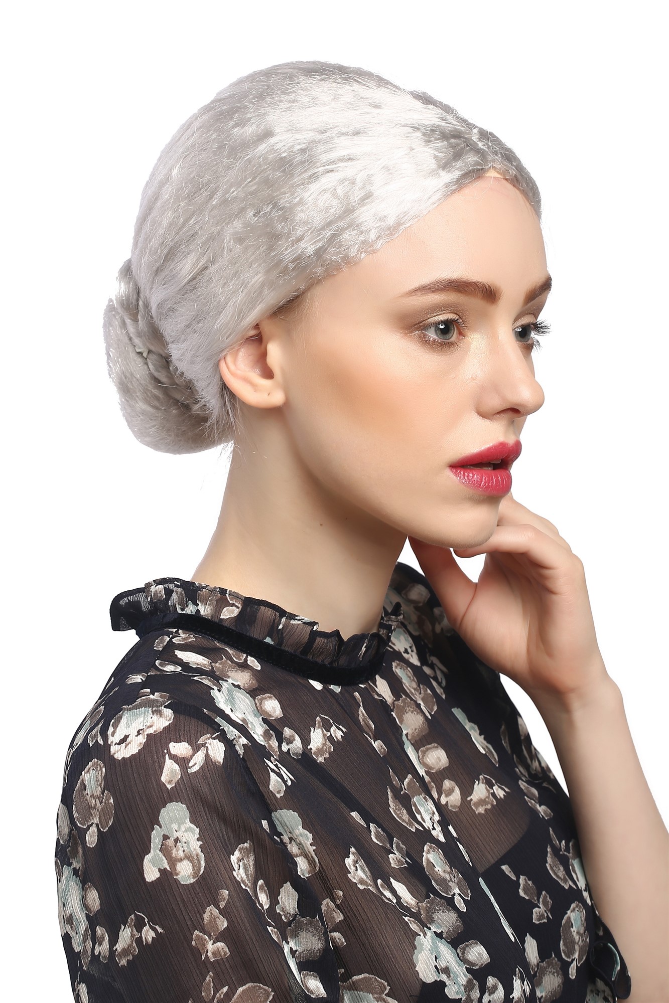 Lady Wig silver grey hairbun Governess Old Prima Ballerina Grandmother 2405, front view, WIG ME UP: Your Perücken Online Shop Party Wig, Ladies, Grey, Braided, short