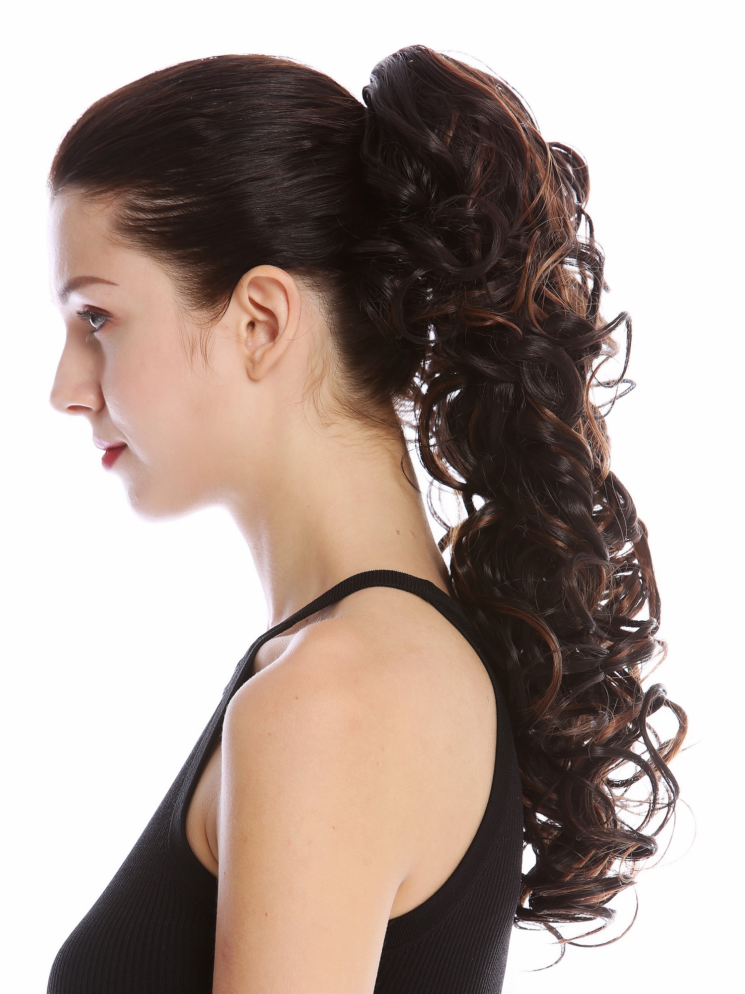 Ponytail Combs Clamp long voluminous curled chestnut brown streaked MKB-6A, front view, WIG ME UP: Your Perücken Online Shop Ponytails, brown mix, curled, shoulder-length